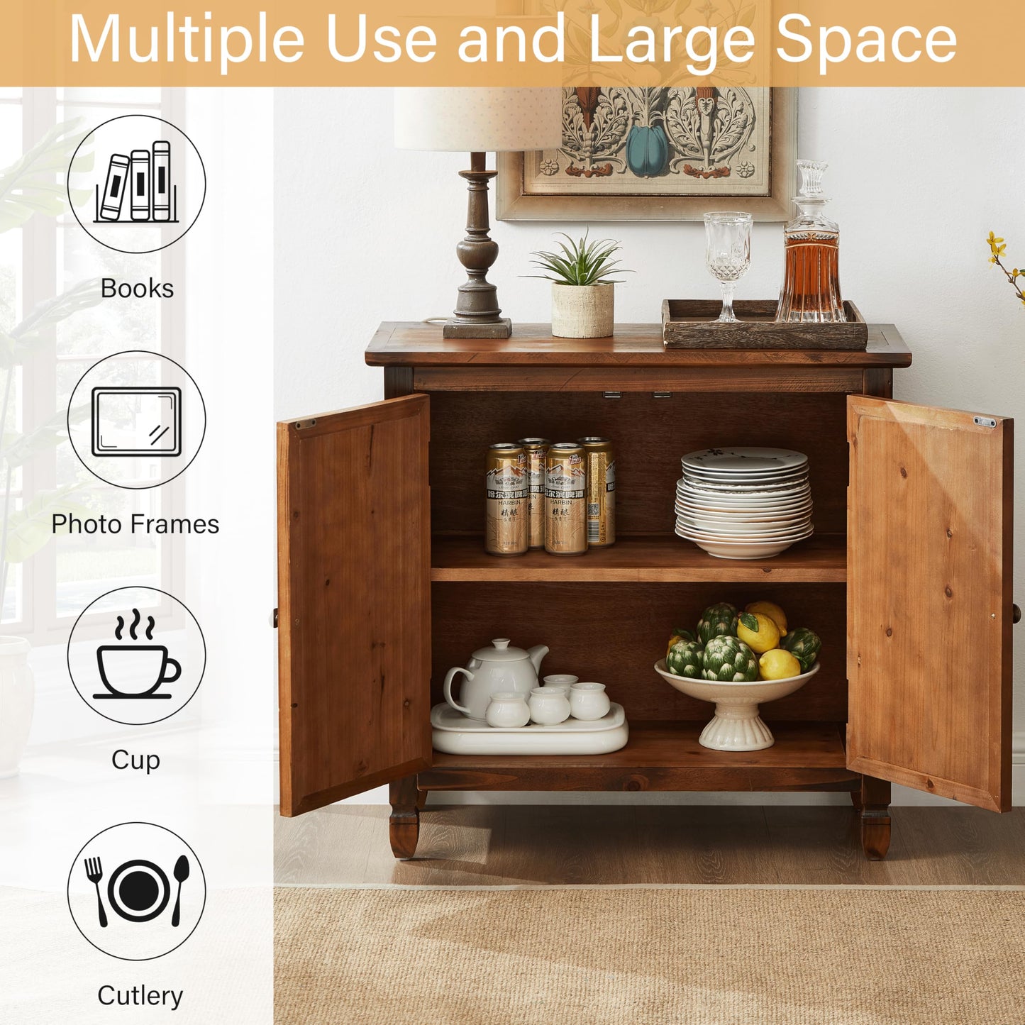 32" Retro Sideboard Buffet Cabinet with Storage - Wood Kitchen Storage Cabinet with 2 Antique Pattern Doors&Metal Handles, Mid-Century Rustic Buffet Cabinet for Entryway Hallway Living Room