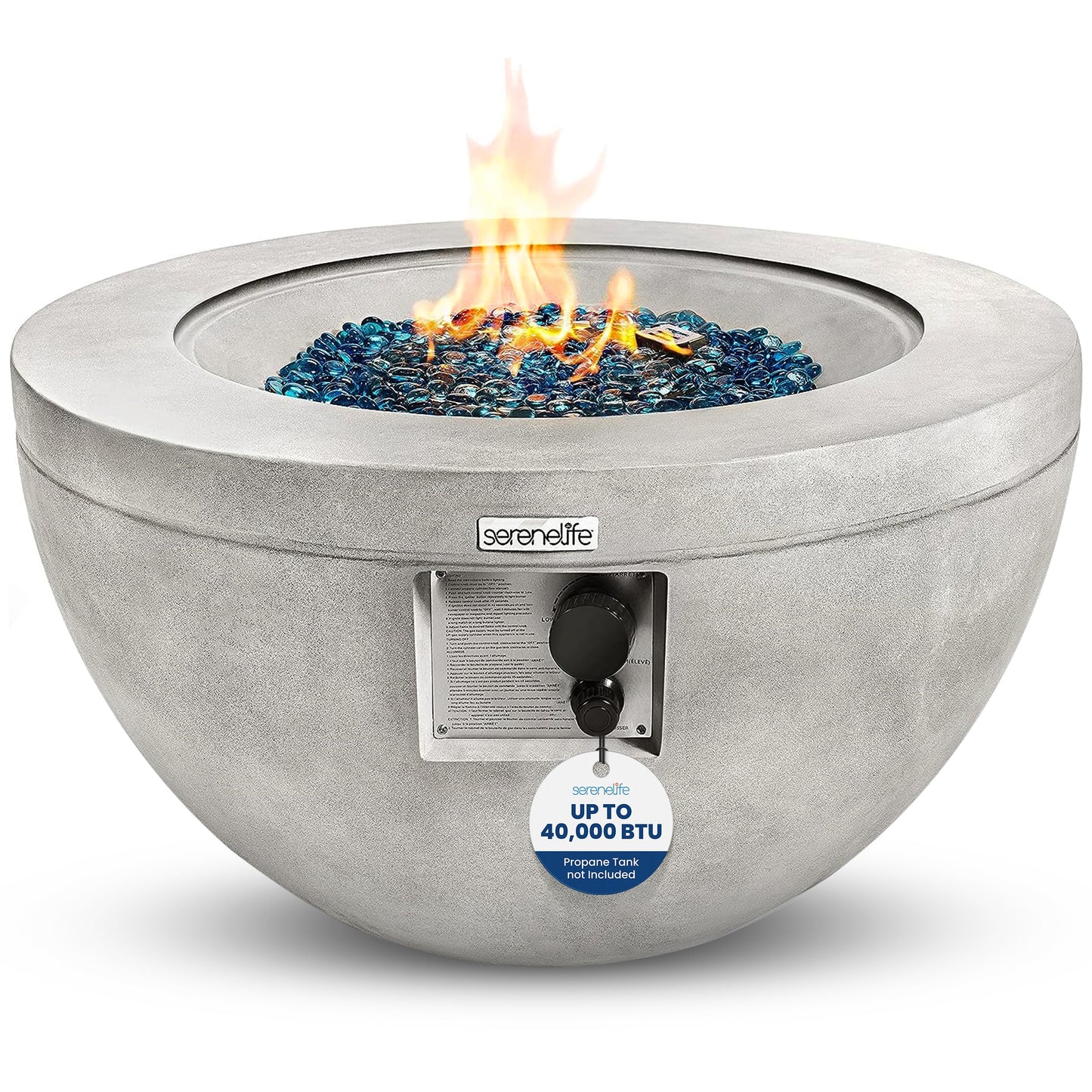 SereneLife Outdoor Propane Gas Fire Pit Table – 50,000 BTU Auto-Ignition Firepit with Glass Wind Guard, Black Tempered Glass Top & Clear Glass Rocks for Garden, Patio, or Backyard