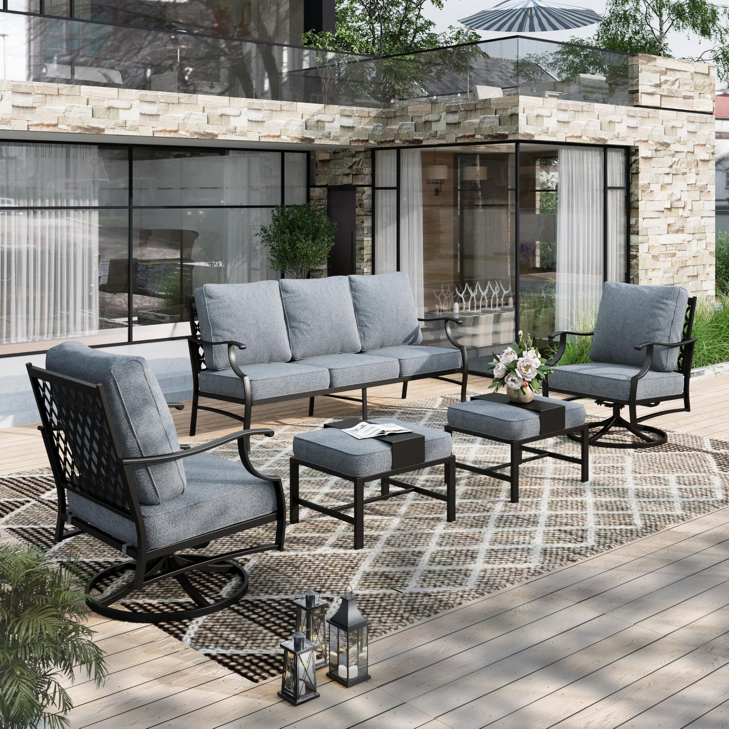 HERA'S HOUSE 7 Piece Patio Furniture Set, 2 x Rocking Chair, 2 x Fixed Chair, 2 x Ottoman, 1 x 3-Seat Sofa, All Cushioned 9 Seats Outdoor Conversation Set for Lawn Garden Backyard