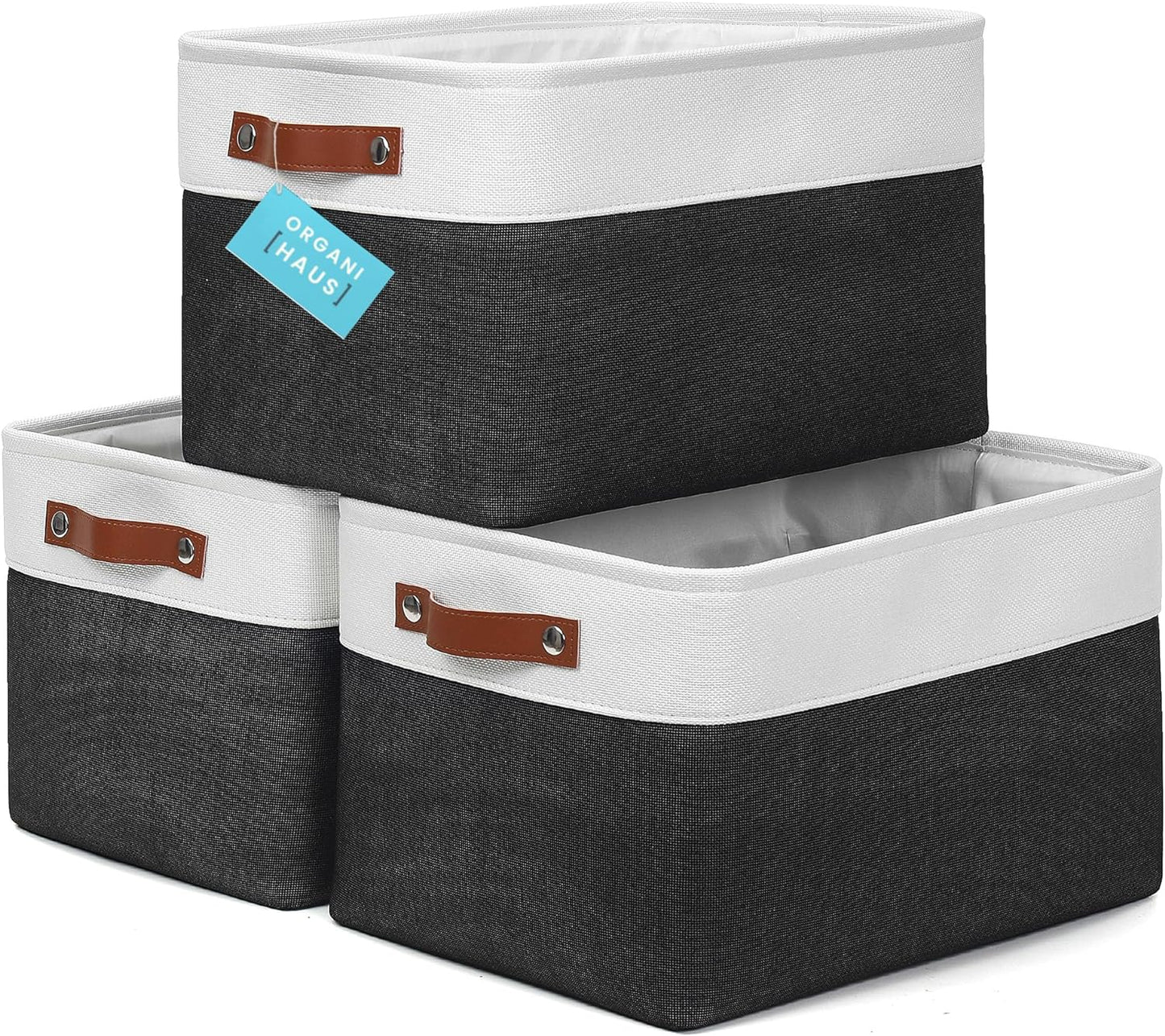 OrganiHaus Small Fabric Storage Baskets for Shelves 3 Pack, 12x8in Closet Storage Bins for Shelves, Cloth Baskets for Organizing, Linen Closet Organizers, Fabric Basket, Beige/White