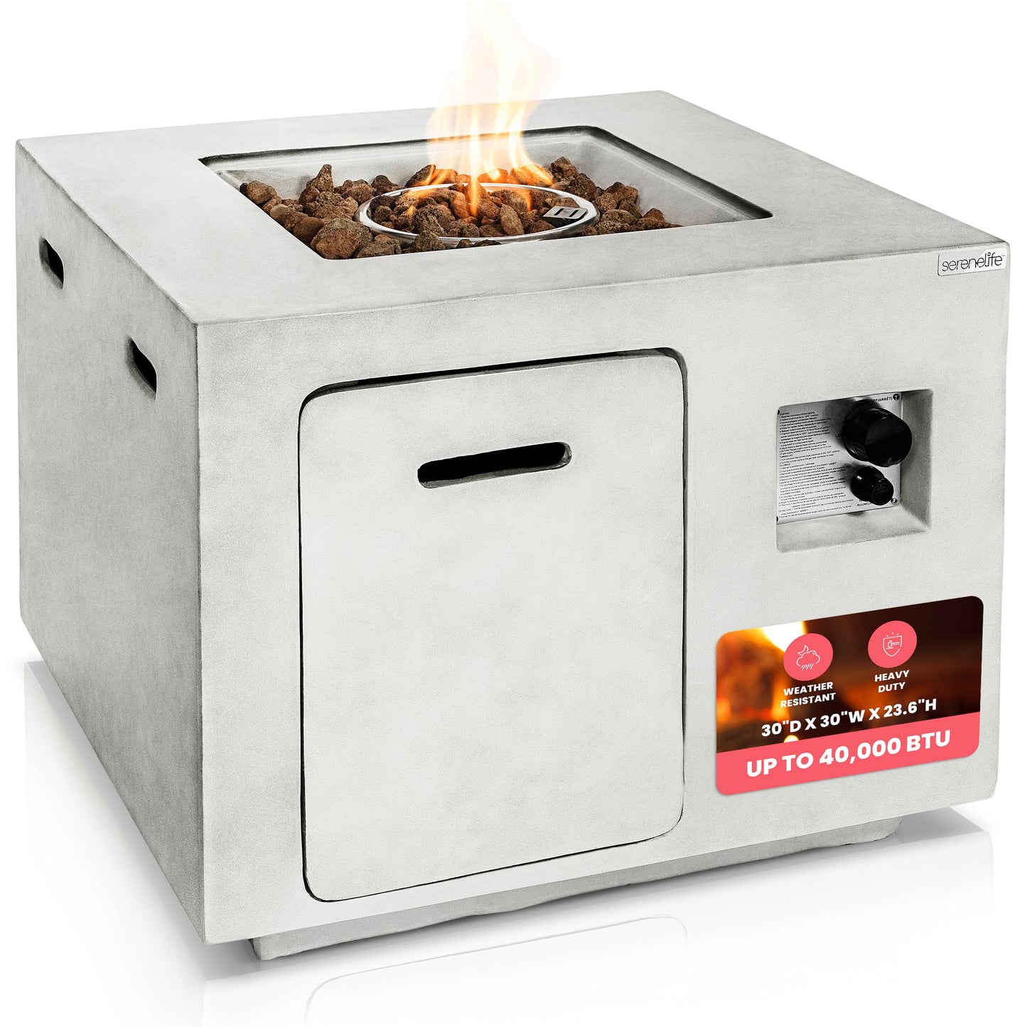 SereneLife Outdoor Propane Gas Fire Pit Table – 50,000 BTU Auto-Ignition Firepit with Glass Wind Guard, Black Tempered Glass Top & Clear Glass Rocks for Garden, Patio, or Backyard