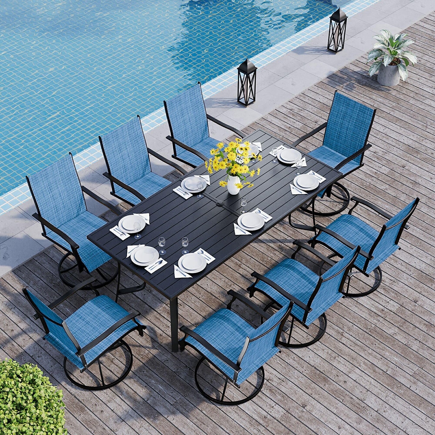 9-Piece Outdoor Patio Dining Set with 8 Swivel Rocker Chairs, Rectangular Metal Table with Umbrella Hole, 8-Person Patio Table and Chairs for Backyard, Poolside, Balcony and Garden Grey