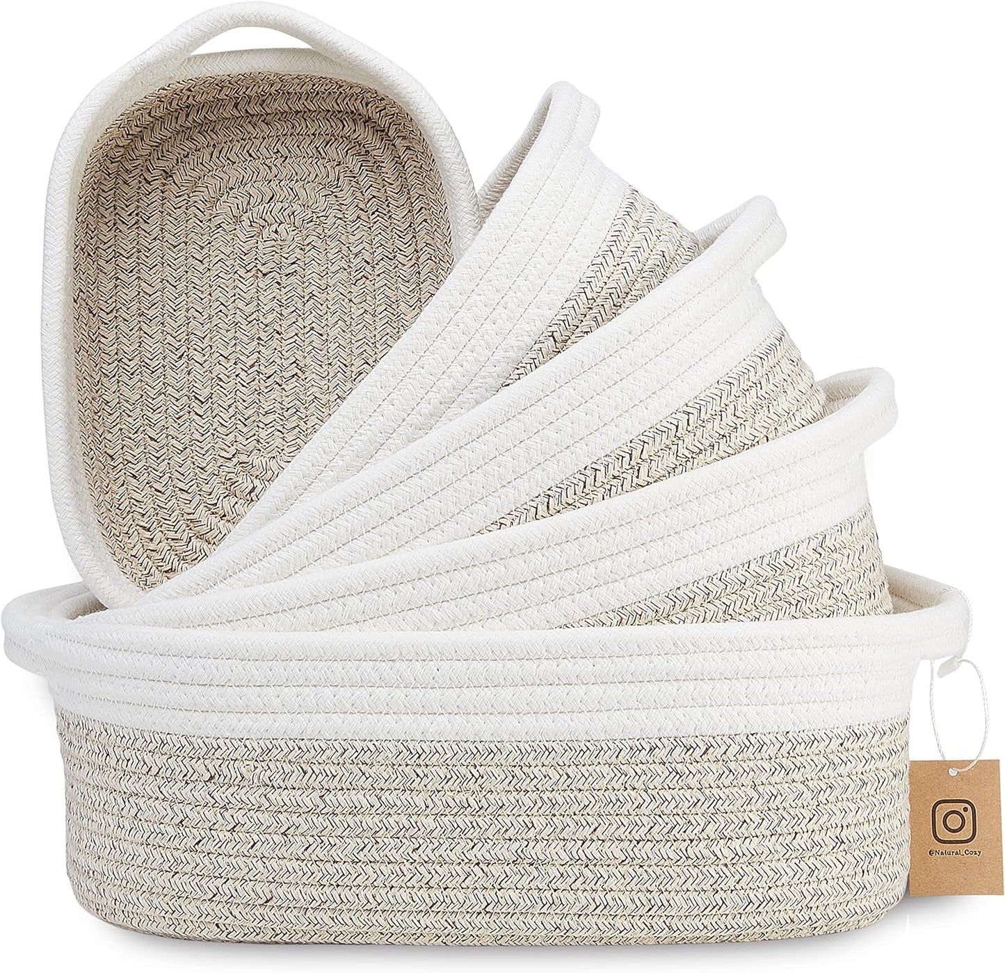 NaturalCozy 5-Piece Rectangle Storage Basket Set- Natural Cotton Rope Woven for Organizing! Small Basket for Montessori, Baby Nursery, Dog Toy Baskets, Cat Toy Box, Bathroom Organization Bin