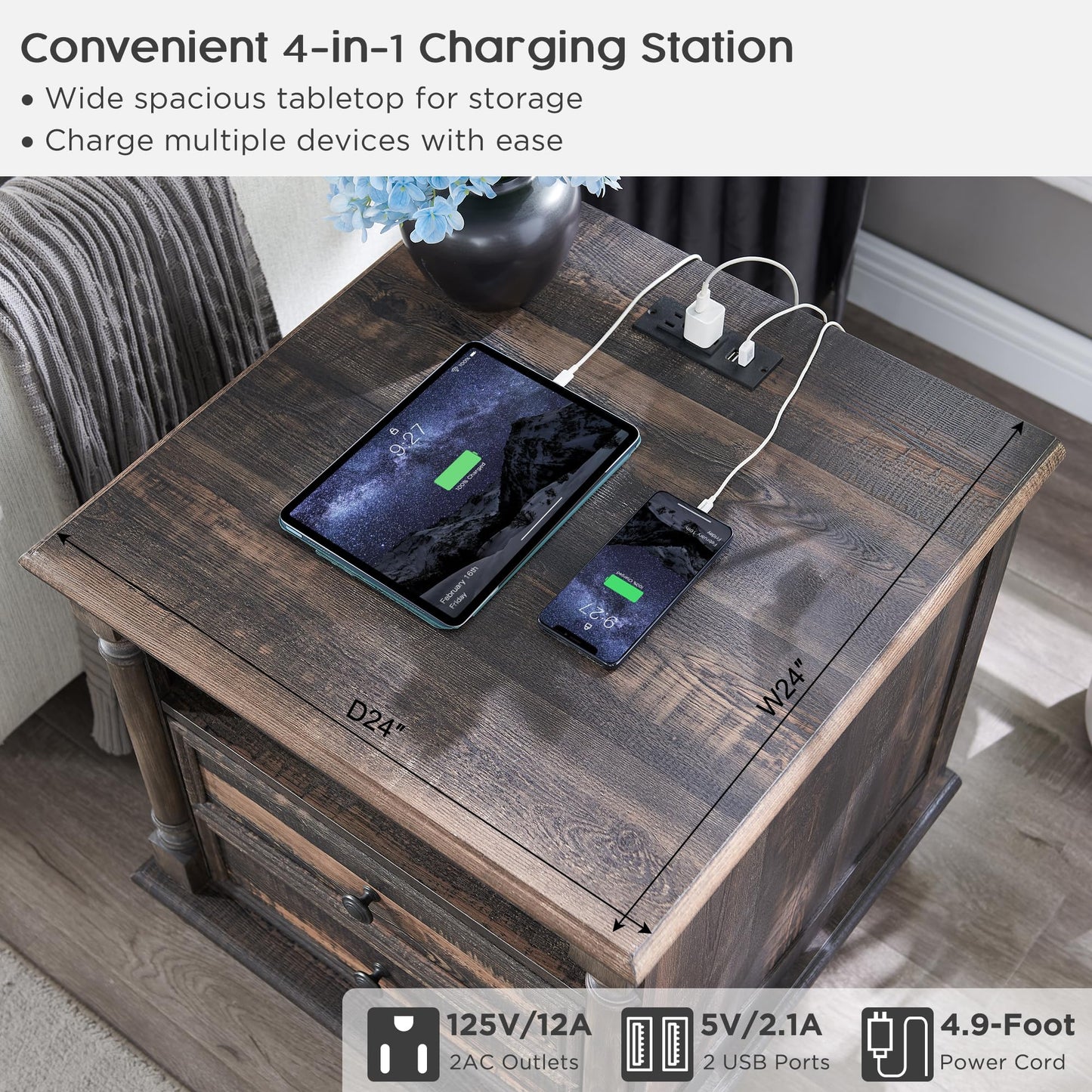 T4TREAM 24'' Farmhouse End Table w/4 Solid Wood Feet, Large 2 Drawers Wide Sofa Side Table with Charging Station, Tall Rustic Wood Square Nightstand for Living Room, Bedroom, Office, Antique White