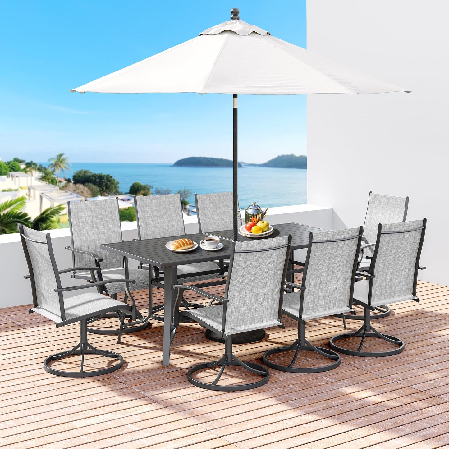 9-Piece Outdoor Patio Dining Set with 8 Swivel Rocker Chairs, Rectangular Metal Table with Umbrella Hole, 8-Person Patio Table and Chairs for Backyard, Poolside, Balcony and Garden Grey