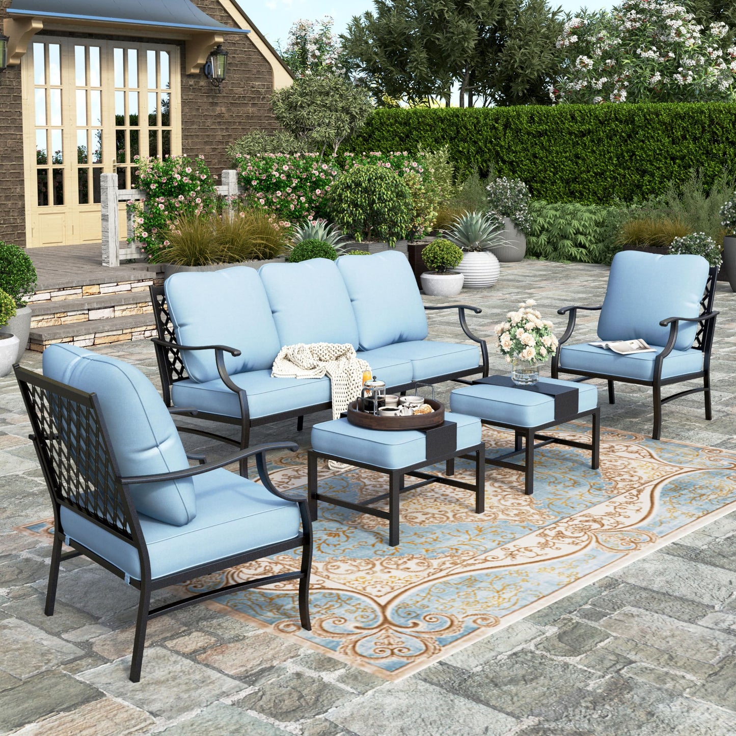 HERA'S HOUSE 7 Piece Patio Furniture Set, 2 x Rocking Chair, 2 x Fixed Chair, 2 x Ottoman, 1 x 3-Seat Sofa, All Cushioned 9 Seats Outdoor Conversation Set for Lawn Garden Backyard