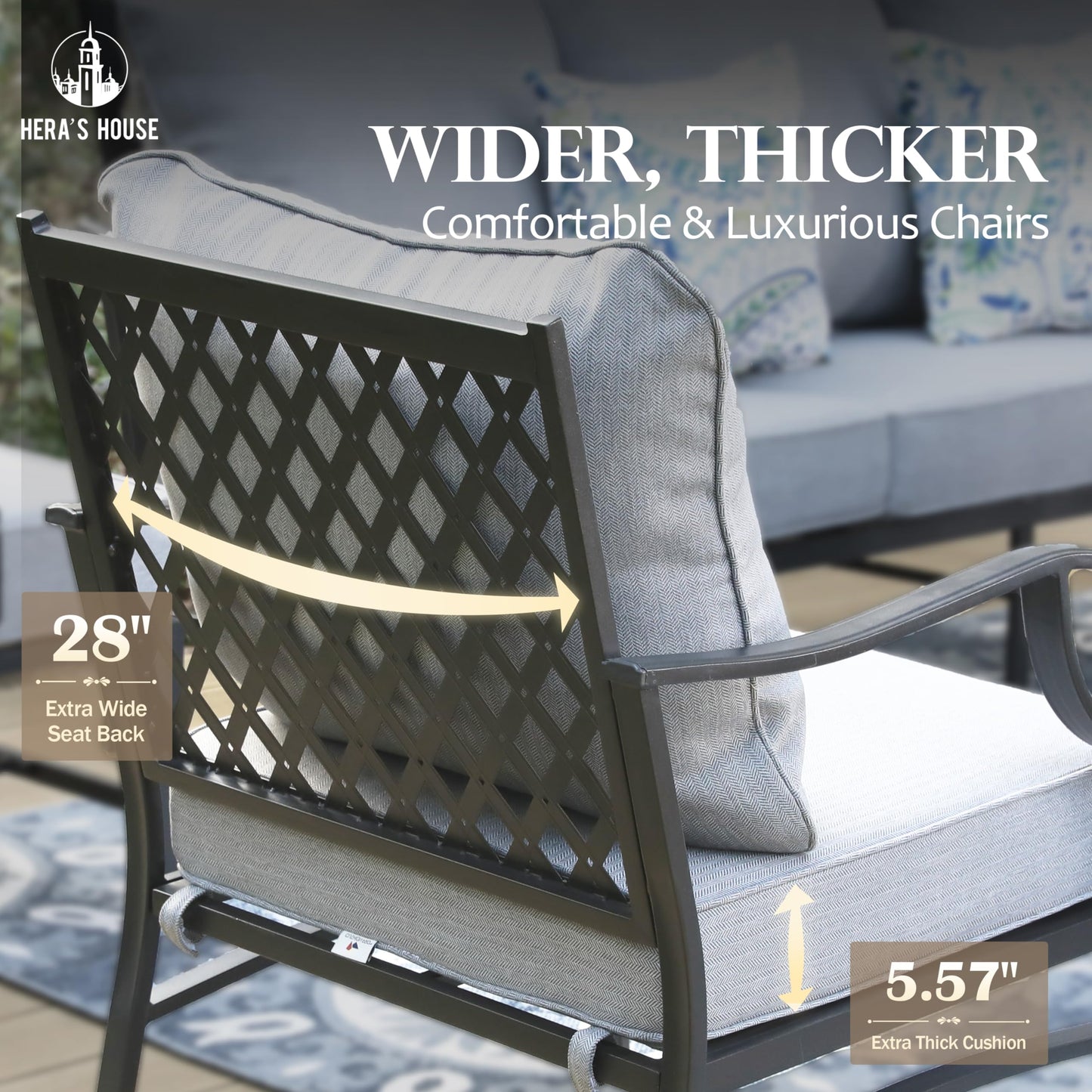 HERA'S HOUSE 7 Piece Patio Furniture Set, 2 x Rocking Chair, 2 x Fixed Chair, 2 x Ottoman, 1 x 3-Seat Sofa, All Cushioned 9 Seats Outdoor Conversation Set for Lawn Garden Backyard