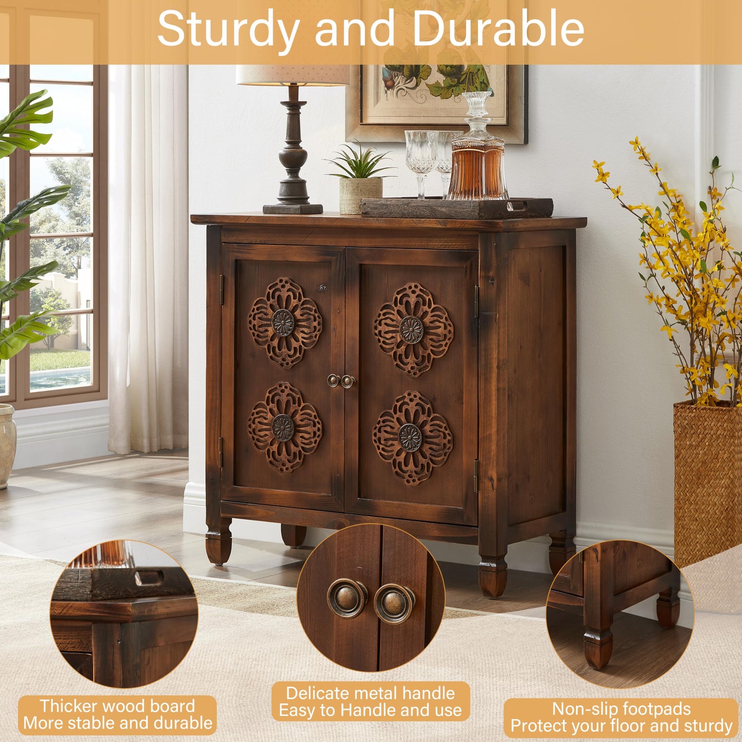 32" Retro Sideboard Buffet Cabinet with Storage - Wood Kitchen Storage Cabinet with 2 Antique Pattern Doors&Metal Handles, Mid-Century Rustic Buffet Cabinet for Entryway Hallway Living Room