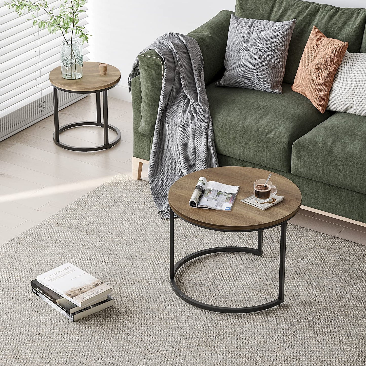Smuxee Nesting Coffee Table Set of 2, 23.6" Round Coffee Table Wood Grain Top with Adjustable Non-Slip Feet, Industrial End Table Side Tables for Living Room Bedroom Balcony Yard
