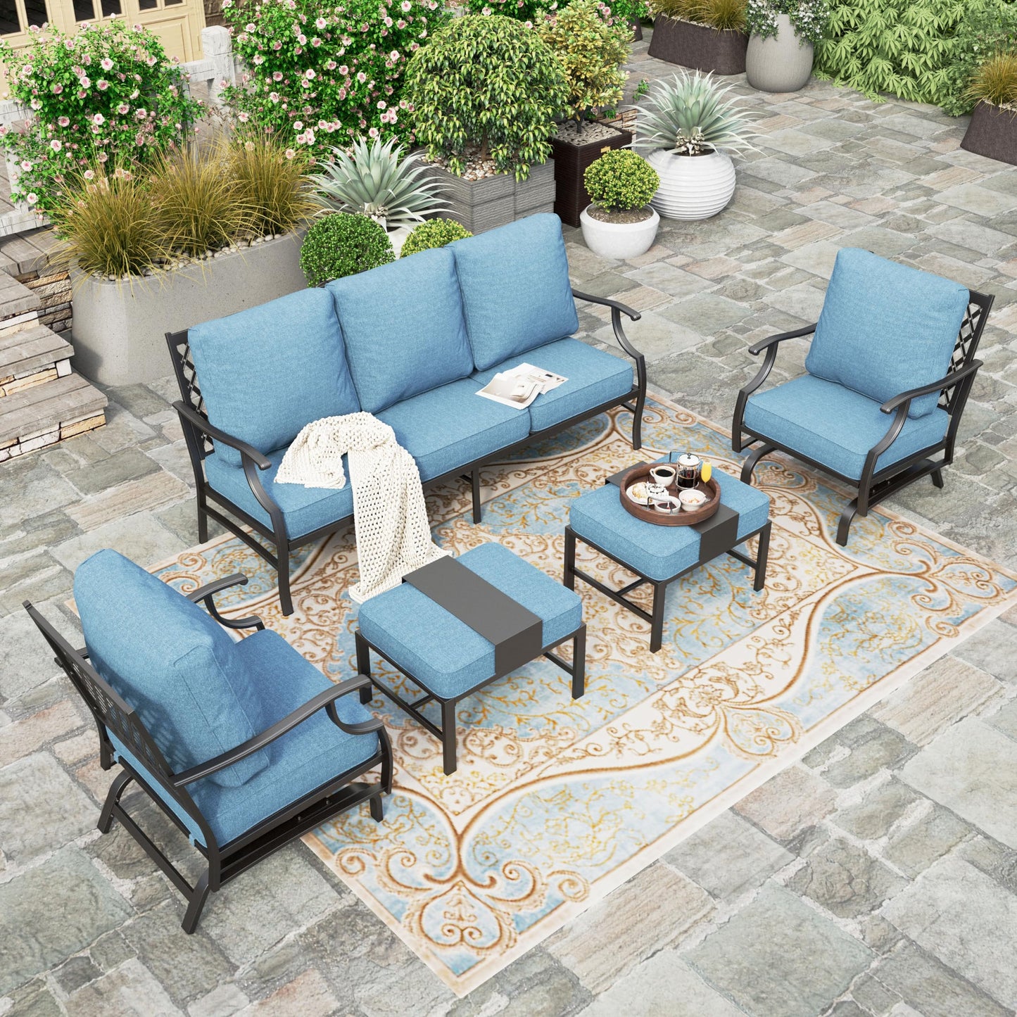 HERA'S HOUSE 7 Piece Patio Furniture Set, 2 x Rocking Chair, 2 x Fixed Chair, 2 x Ottoman, 1 x 3-Seat Sofa, All Cushioned 9 Seats Outdoor Conversation Set for Lawn Garden Backyard