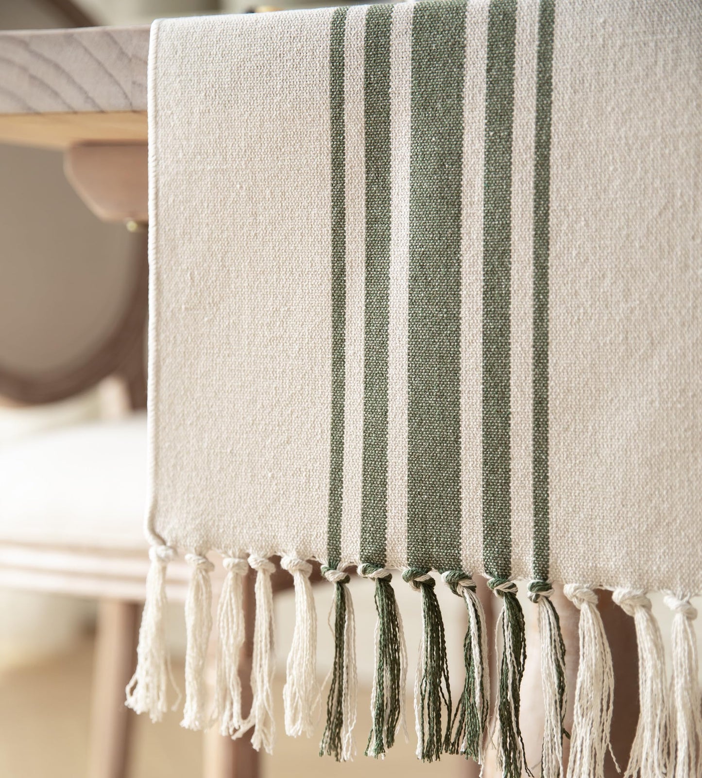 Caflife Boho Table Runner for Modern Farmhouse Decor, Dining Table décor 13 x 72 Inch Long, Coffee Table Runner with Handcrafted Tassels, Green and Beige Stripe Table Runner for Home Boho décor