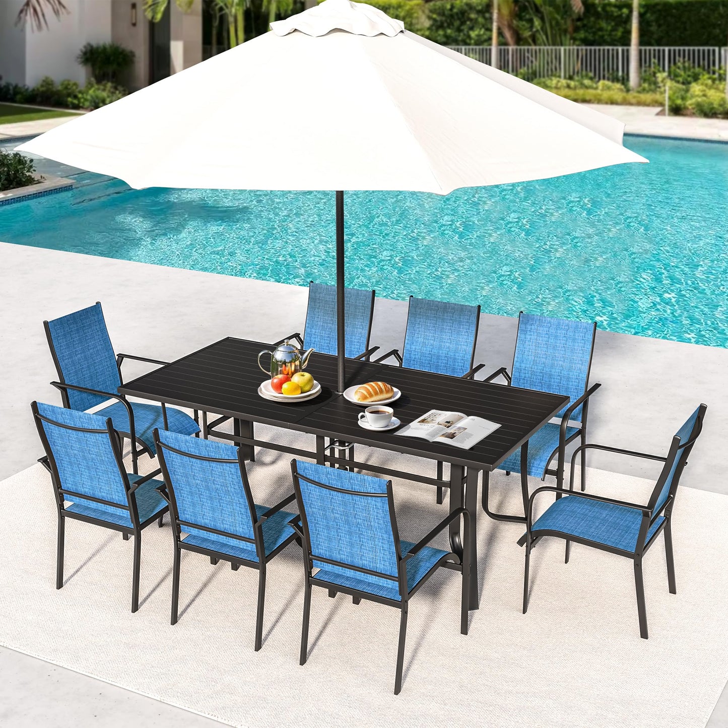 9-Piece Outdoor Patio Dining Set with 8 Swivel Rocker Chairs, Rectangular Metal Table with Umbrella Hole, 8-Person Patio Table and Chairs for Backyard, Poolside, Balcony and Garden Grey