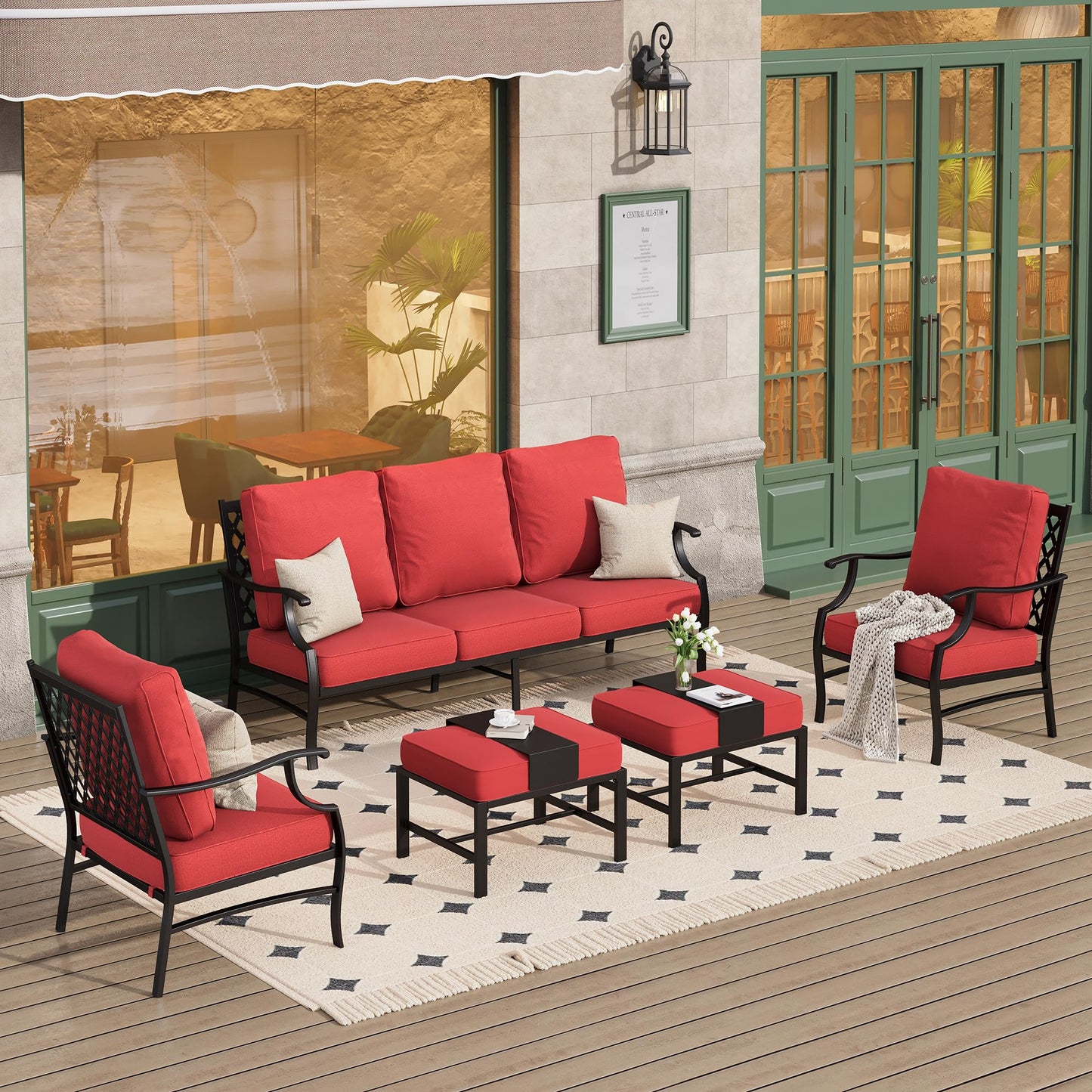 HERA'S HOUSE 7 Piece Patio Furniture Set, 2 x Rocking Chair, 2 x Fixed Chair, 2 x Ottoman, 1 x 3-Seat Sofa, All Cushioned 9 Seats Outdoor Conversation Set for Lawn Garden Backyard