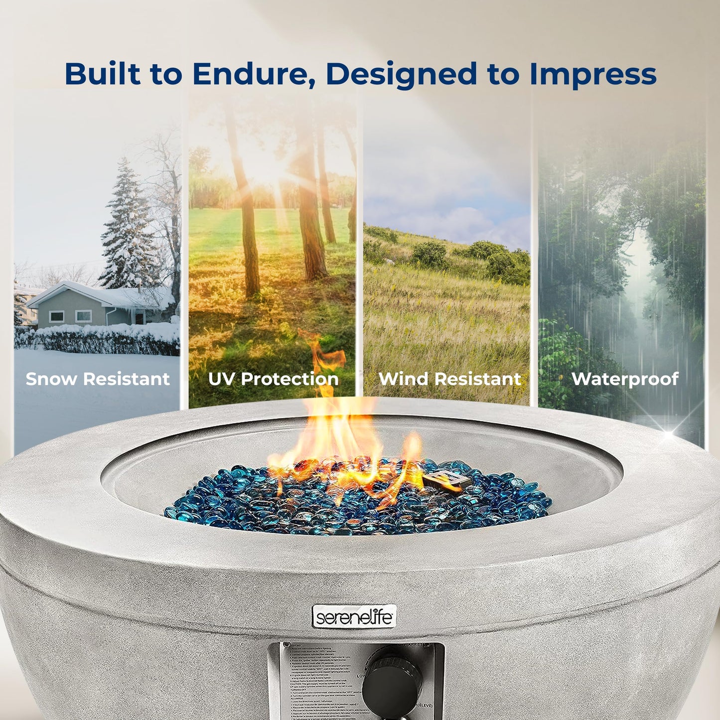 SereneLife Outdoor Propane Gas Fire Pit Table – 50,000 BTU Auto-Ignition Firepit with Glass Wind Guard, Black Tempered Glass Top & Clear Glass Rocks for Garden, Patio, or Backyard