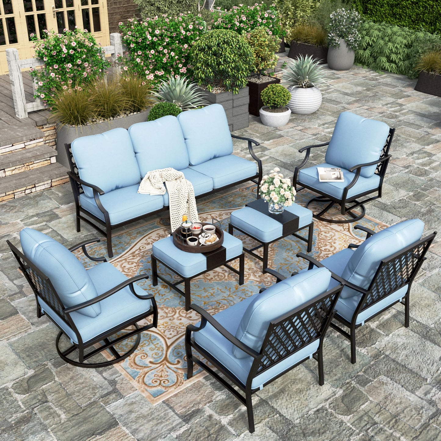 HERA'S HOUSE 7 Piece Patio Furniture Set, 2 x Rocking Chair, 2 x Fixed Chair, 2 x Ottoman, 1 x 3-Seat Sofa, All Cushioned 9 Seats Outdoor Conversation Set for Lawn Garden Backyard