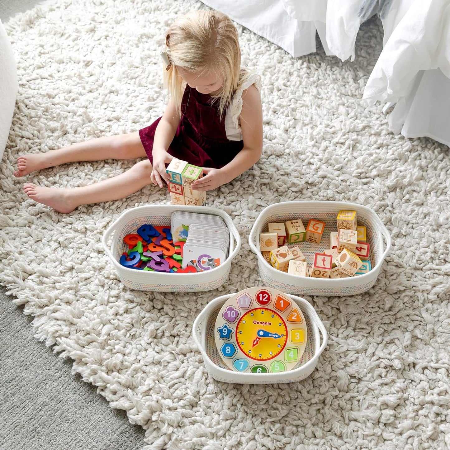 NaturalCozy 5-Piece Rectangle Storage Basket Set- Natural Cotton Rope Woven for Organizing! Small Basket for Montessori, Baby Nursery, Dog Toy Baskets, Cat Toy Box, Bathroom Organization Bin