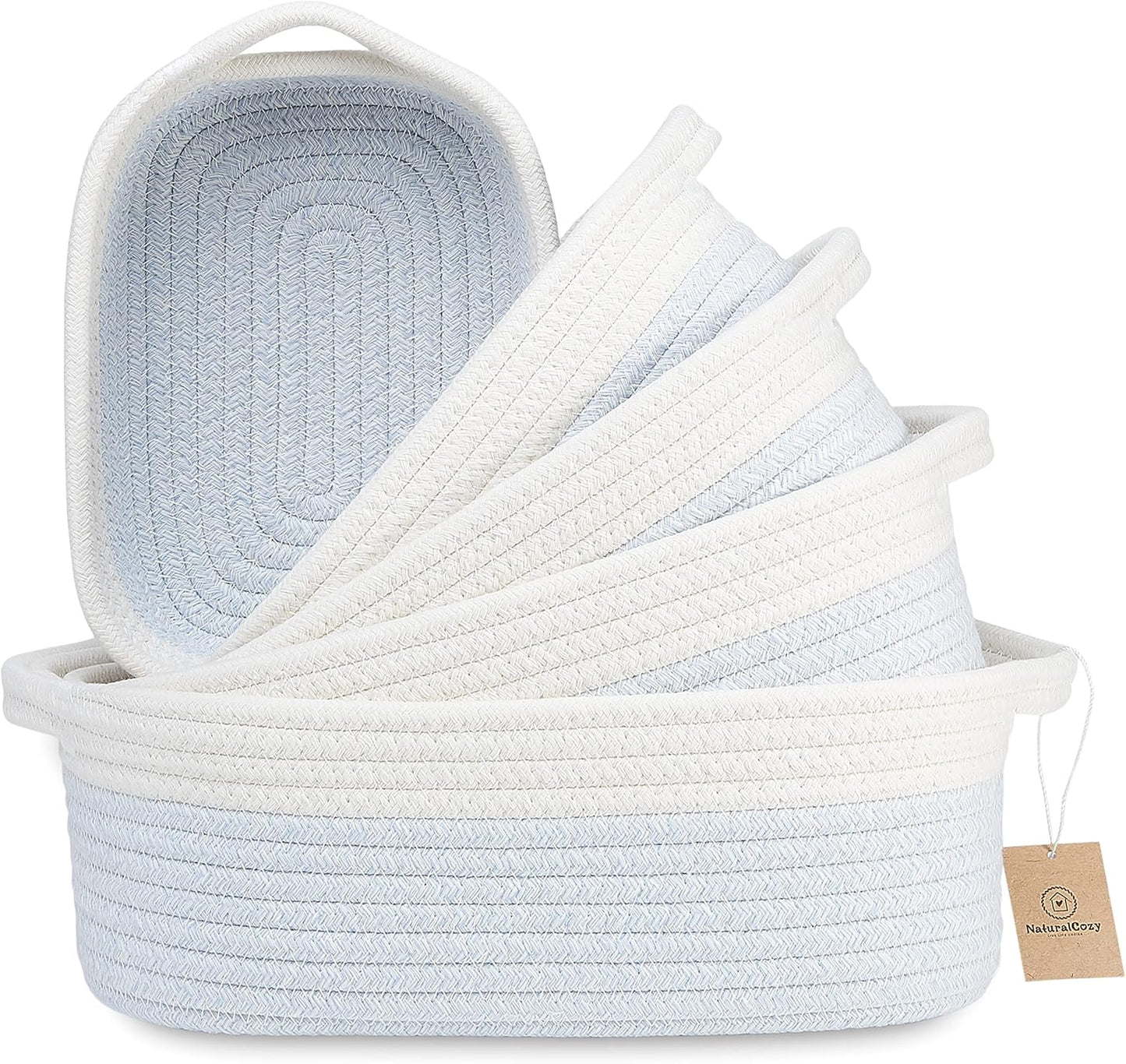 NaturalCozy 5-Piece Rectangle Storage Basket Set- Natural Cotton Rope Woven for Organizing! Small Basket for Montessori, Baby Nursery, Dog Toy Baskets, Cat Toy Box, Bathroom Organization Bin