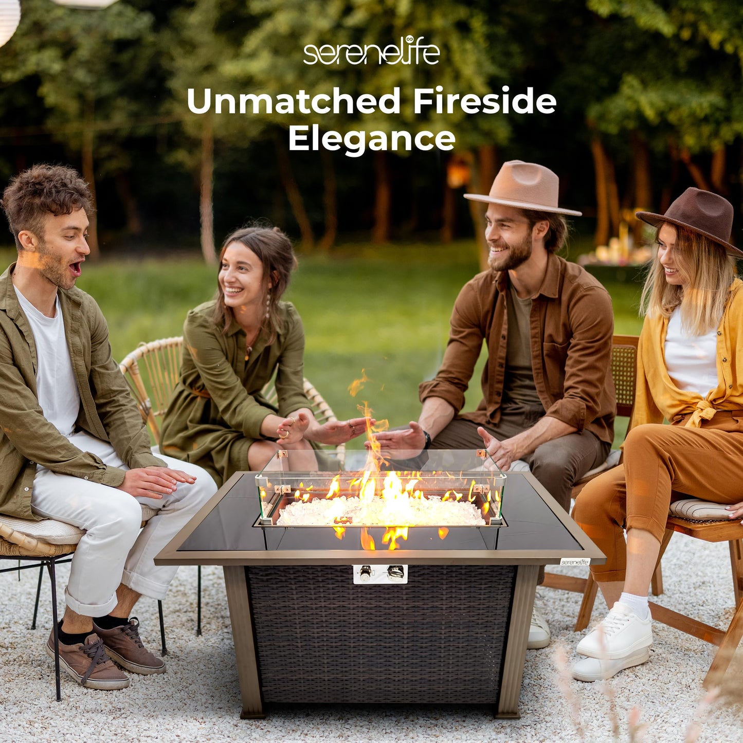 SereneLife Outdoor Propane Gas Fire Pit Table – 50,000 BTU Auto-Ignition Firepit with Glass Wind Guard, Black Tempered Glass Top & Clear Glass Rocks for Garden, Patio, or Backyard