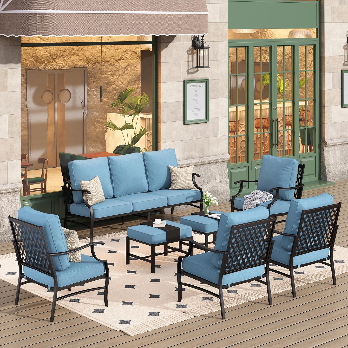 HERA'S HOUSE 7 Piece Patio Furniture Set, 2 x Rocking Chair, 2 x Fixed Chair, 2 x Ottoman, 1 x 3-Seat Sofa, All Cushioned 9 Seats Outdoor Conversation Set for Lawn Garden Backyard