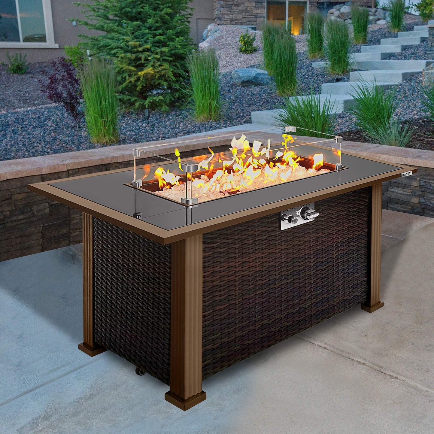 SereneLife Outdoor Propane Gas Fire Pit Table – 50,000 BTU Auto-Ignition Firepit with Glass Wind Guard, Black Tempered Glass Top & Clear Glass Rocks for Garden, Patio, or Backyard