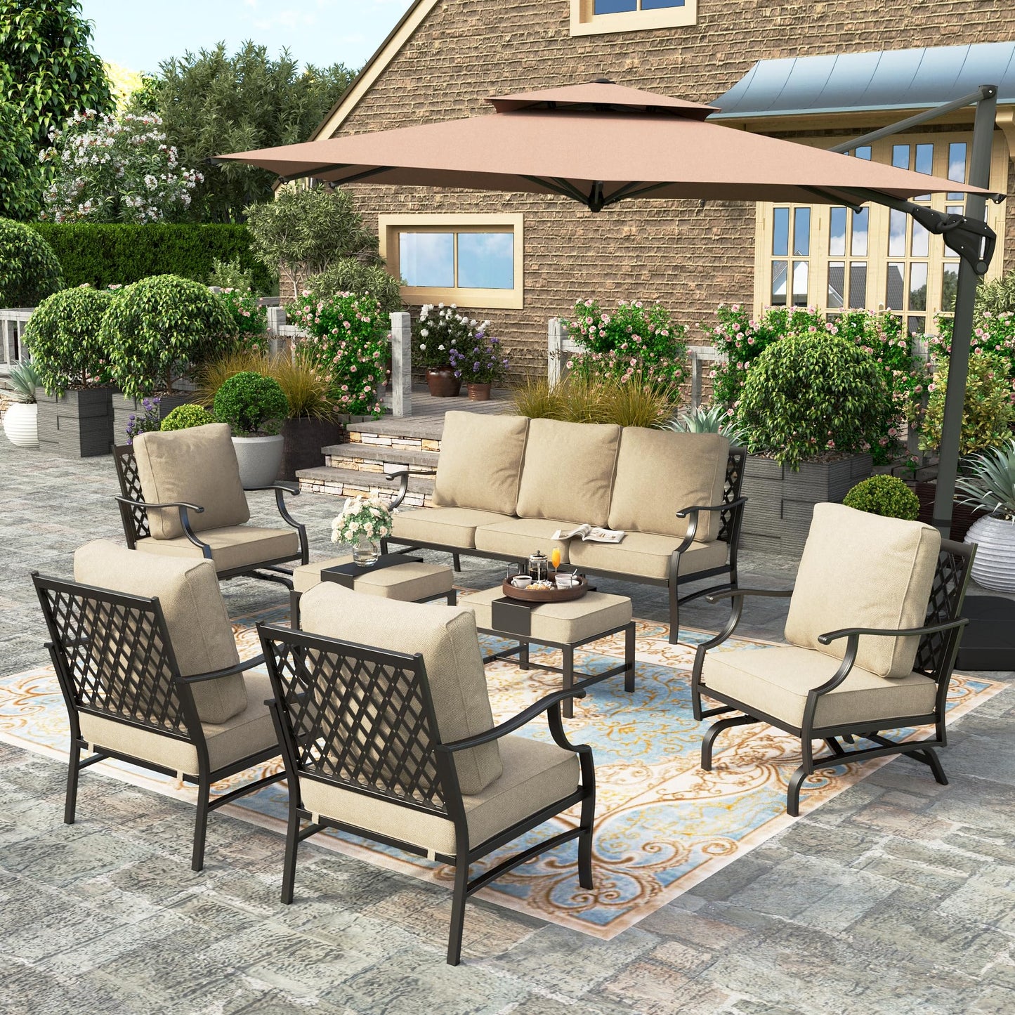 HERA'S HOUSE 7 Piece Patio Furniture Set, 2 x Rocking Chair, 2 x Fixed Chair, 2 x Ottoman, 1 x 3-Seat Sofa, All Cushioned 9 Seats Outdoor Conversation Set for Lawn Garden Backyard