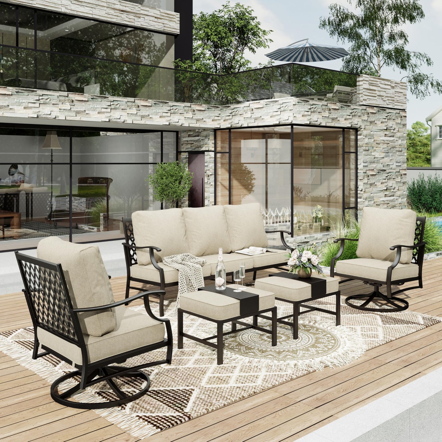 HERA'S HOUSE 7 Piece Patio Furniture Set, 2 x Rocking Chair, 2 x Fixed Chair, 2 x Ottoman, 1 x 3-Seat Sofa, All Cushioned 9 Seats Outdoor Conversation Set for Lawn Garden Backyard