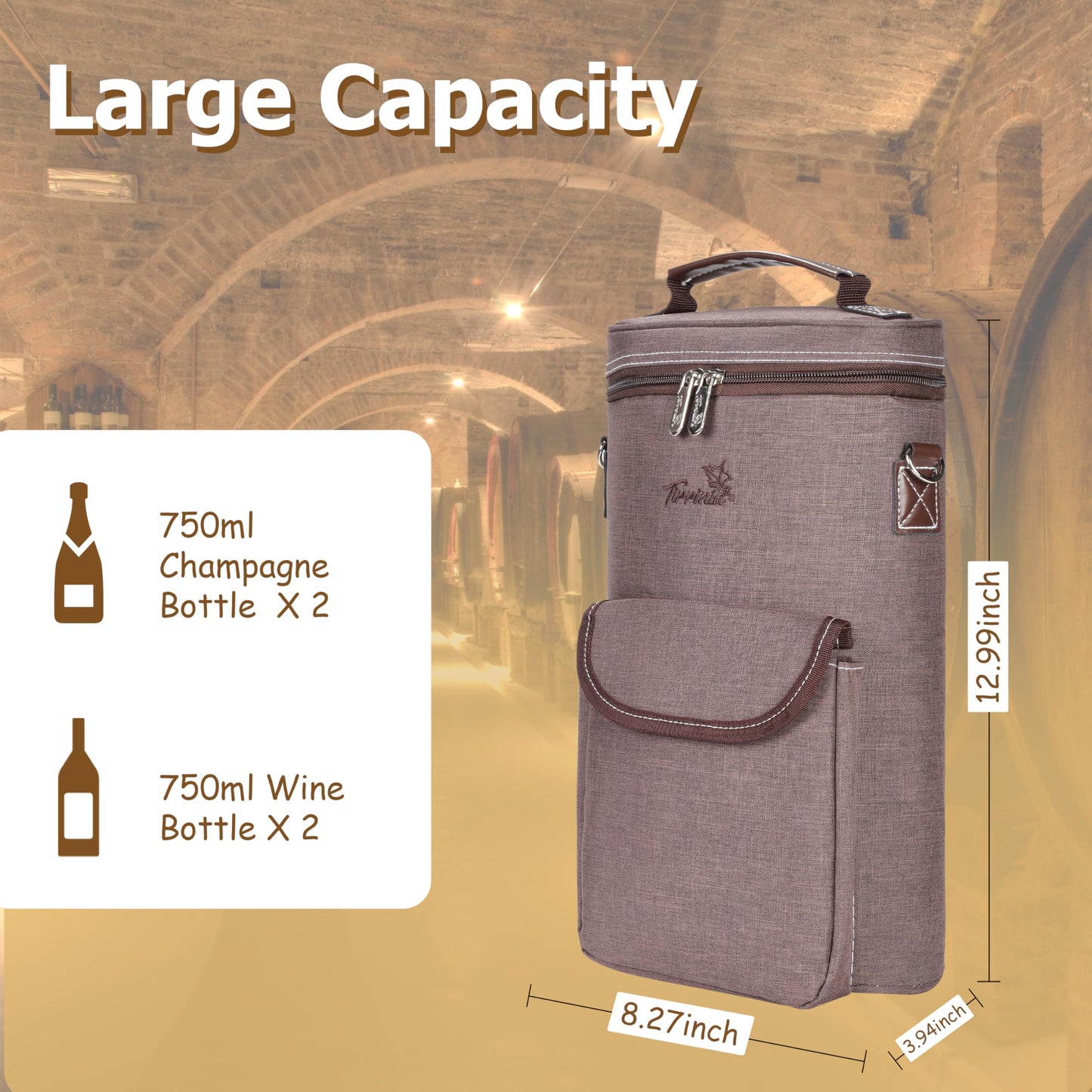 Tirrinia 2 Bottle Leakproof Insulated Wine Tote Carrier Bag - Padded Cooler for Travel, Restaurants, Tasting, Parties, Great Gift for Wine Lovers