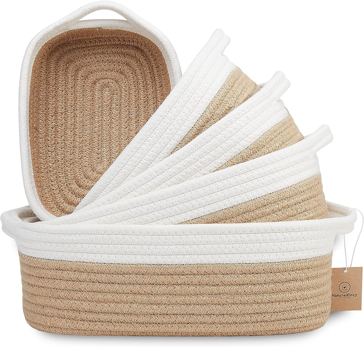 NaturalCozy 5-Piece Rectangle Storage Basket Set- Natural Cotton Rope Woven for Organizing! Small Basket for Montessori, Baby Nursery, Dog Toy Baskets, Cat Toy Box, Bathroom Organization Bin