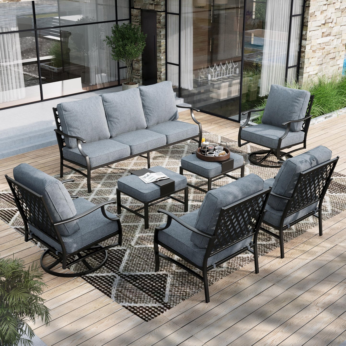 HERA'S HOUSE 7 Piece Patio Furniture Set, 2 x Rocking Chair, 2 x Fixed Chair, 2 x Ottoman, 1 x 3-Seat Sofa, All Cushioned 9 Seats Outdoor Conversation Set for Lawn Garden Backyard