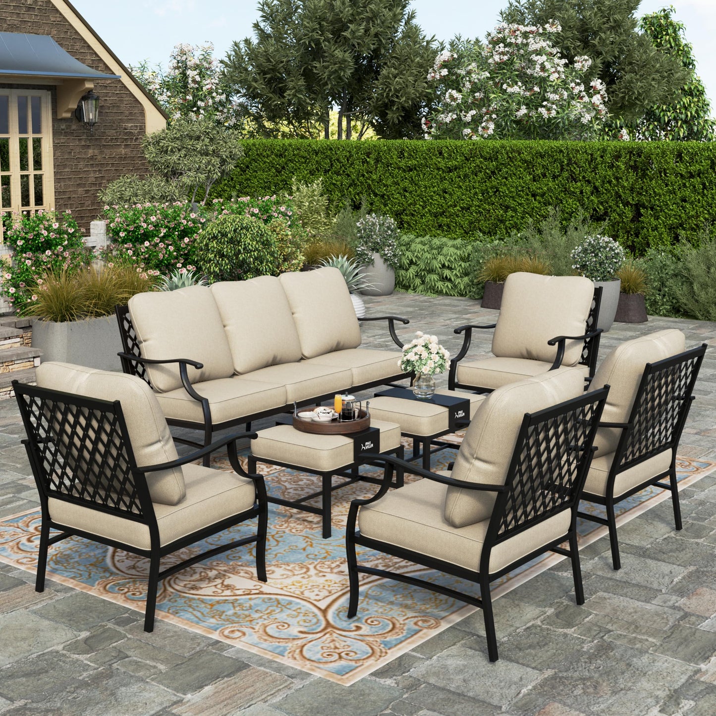 HERA'S HOUSE 7 Piece Patio Furniture Set, 2 x Rocking Chair, 2 x Fixed Chair, 2 x Ottoman, 1 x 3-Seat Sofa, All Cushioned 9 Seats Outdoor Conversation Set for Lawn Garden Backyard
