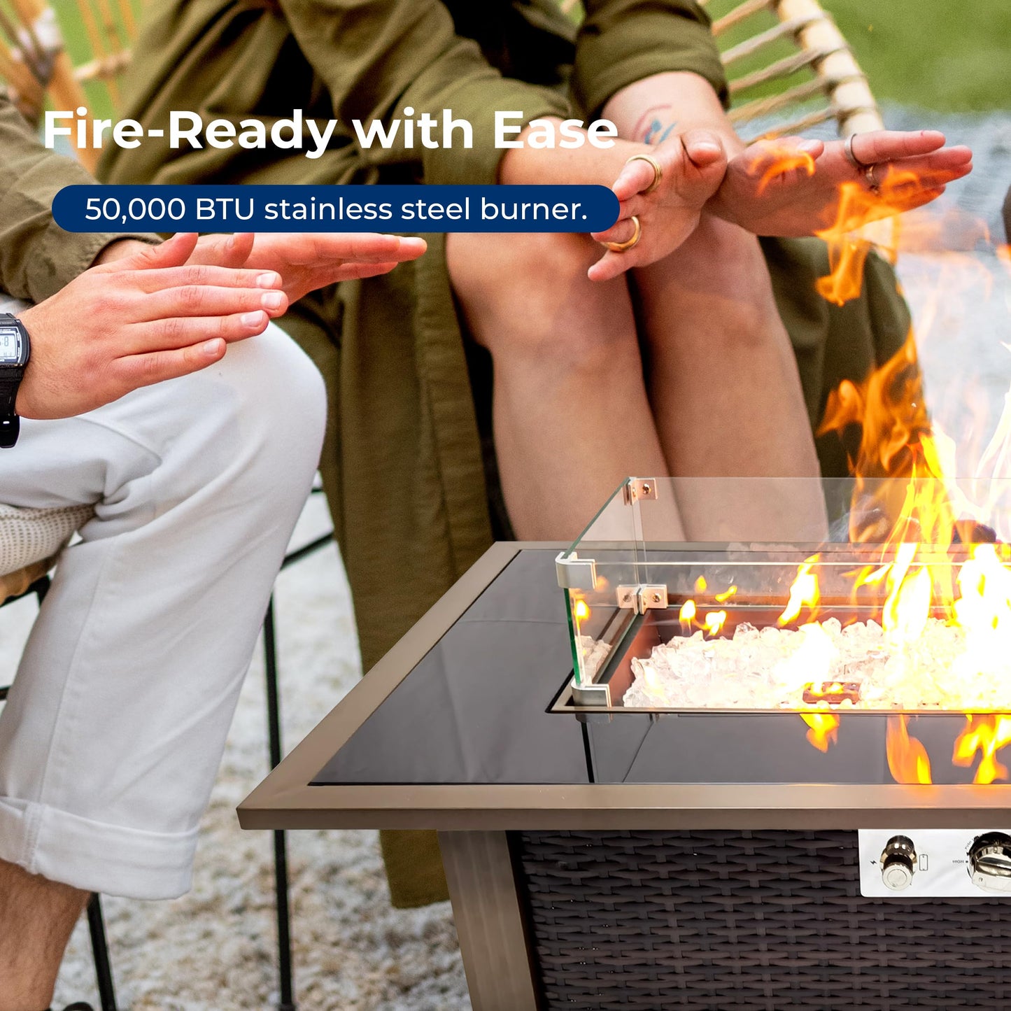 SereneLife Outdoor Propane Gas Fire Pit Table – 50,000 BTU Auto-Ignition Firepit with Glass Wind Guard, Black Tempered Glass Top & Clear Glass Rocks for Garden, Patio, or Backyard