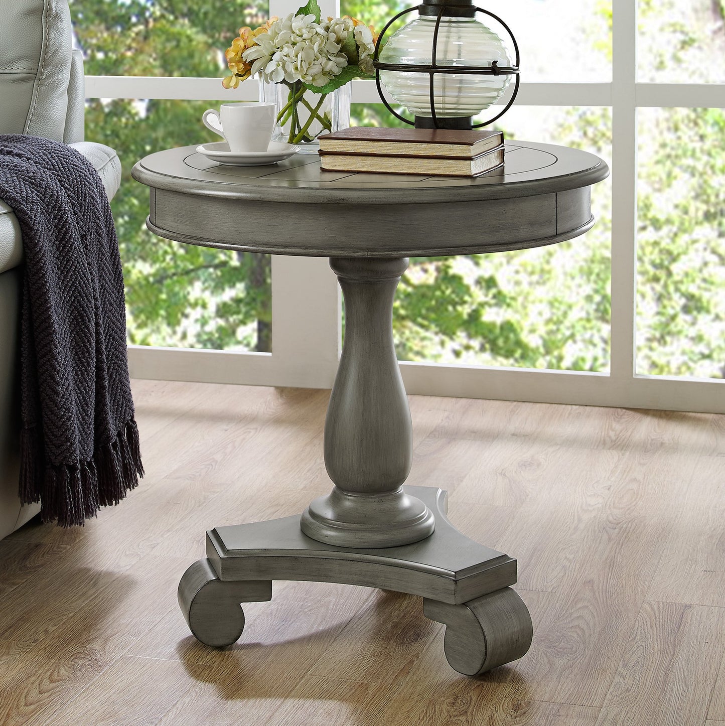 Roundhill Furniture Rene Round Wood Pedestal Side Table, Antique White