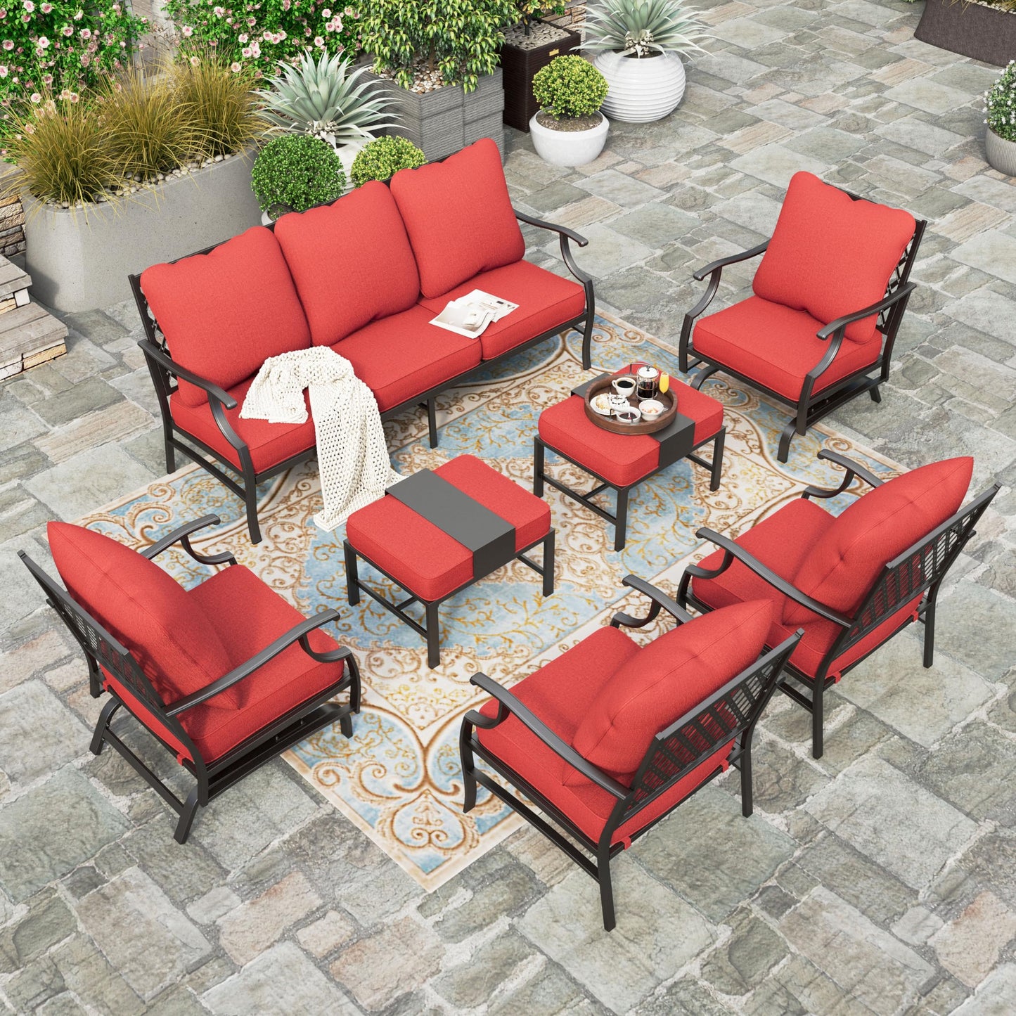 HERA'S HOUSE 7 Piece Patio Furniture Set, 2 x Rocking Chair, 2 x Fixed Chair, 2 x Ottoman, 1 x 3-Seat Sofa, All Cushioned 9 Seats Outdoor Conversation Set for Lawn Garden Backyard