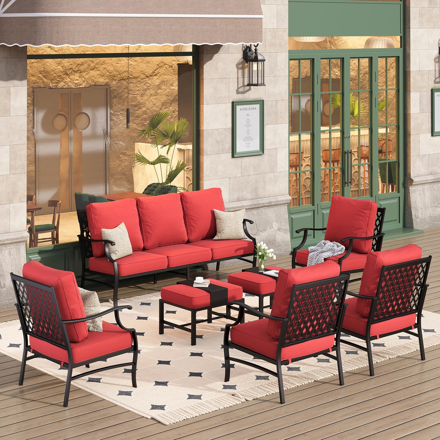 HERA'S HOUSE 7 Piece Patio Furniture Set, 2 x Rocking Chair, 2 x Fixed Chair, 2 x Ottoman, 1 x 3-Seat Sofa, All Cushioned 9 Seats Outdoor Conversation Set for Lawn Garden Backyard