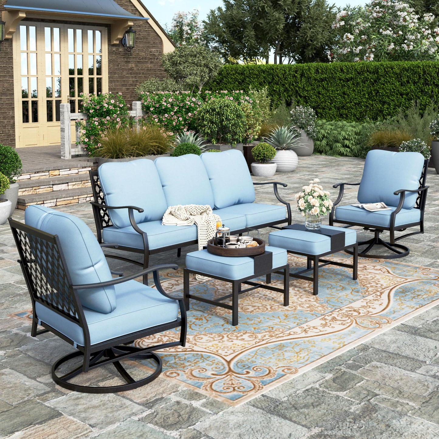 HERA'S HOUSE 7 Piece Patio Furniture Set, 2 x Rocking Chair, 2 x Fixed Chair, 2 x Ottoman, 1 x 3-Seat Sofa, All Cushioned 9 Seats Outdoor Conversation Set for Lawn Garden Backyard