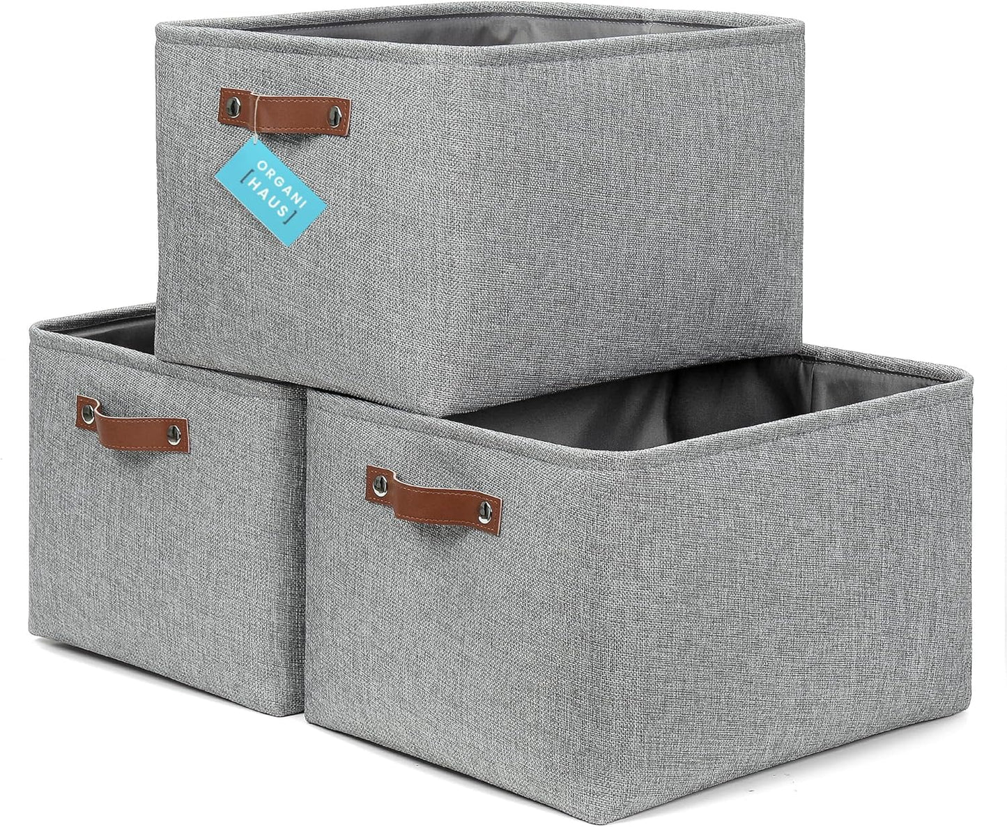 OrganiHaus Small Fabric Storage Baskets for Shelves 3 Pack, 12x8in Closet Storage Bins for Shelves, Cloth Baskets for Organizing, Linen Closet Organizers, Fabric Basket, Beige/White