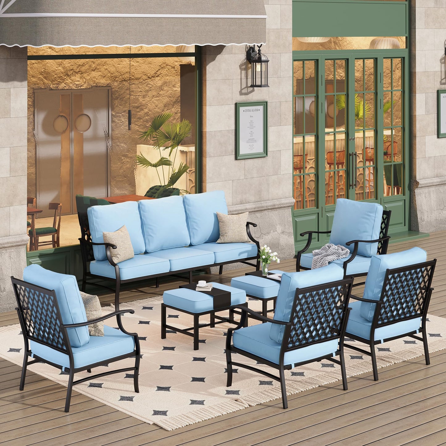 HERA'S HOUSE 7 Piece Patio Furniture Set, 2 x Rocking Chair, 2 x Fixed Chair, 2 x Ottoman, 1 x 3-Seat Sofa, All Cushioned 9 Seats Outdoor Conversation Set for Lawn Garden Backyard