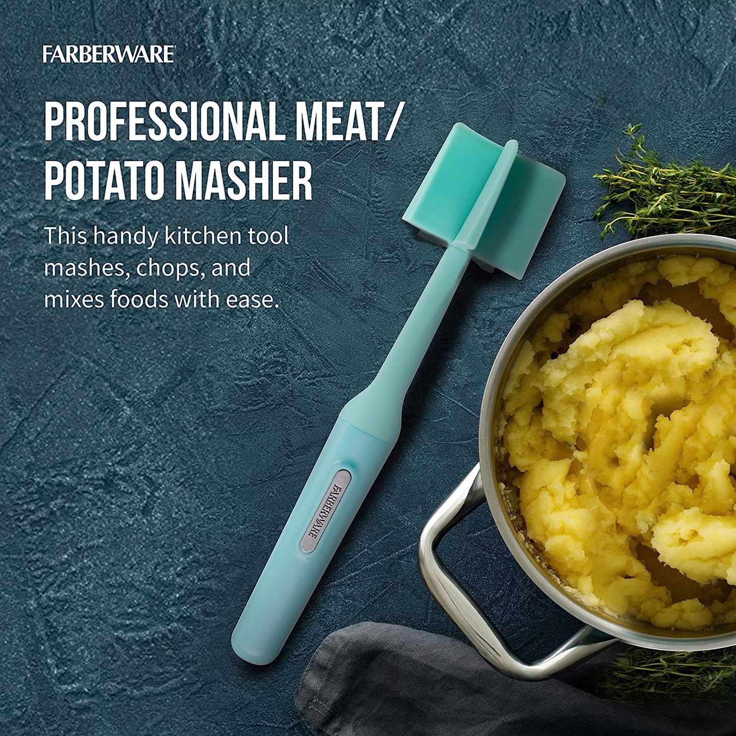 Farberware Heat Resistant Nylon Meat and Potato Masher Safe for Non-Stick Cookware, 10 inch, Aqua