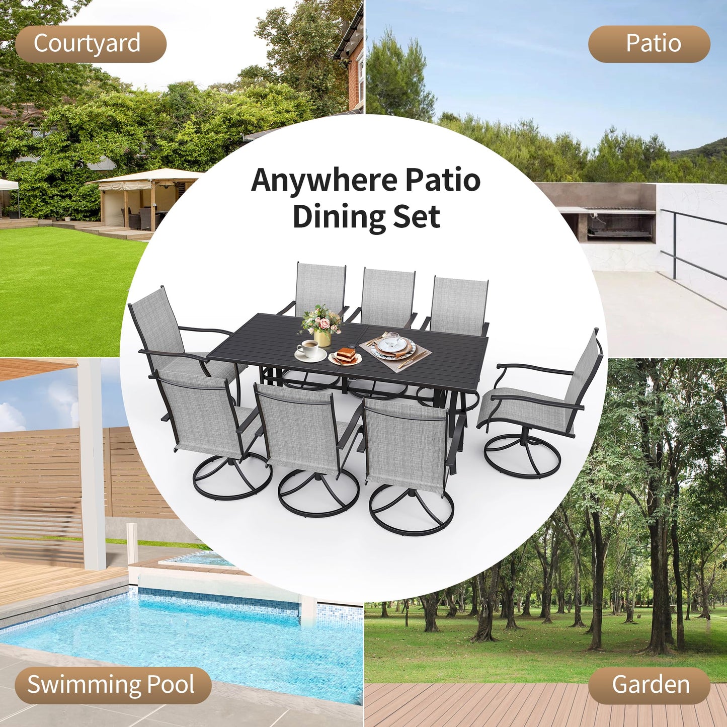 9-Piece Outdoor Patio Dining Set with 8 Swivel Rocker Chairs, Rectangular Metal Table with Umbrella Hole, 8-Person Patio Table and Chairs for Backyard, Poolside, Balcony and Garden Grey