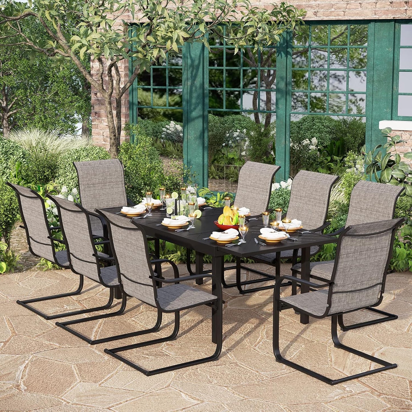 PHI VILLA 9 PCS Outdoor Dining Set,8 Spring Padded Dining Chairs with Higher Back and Extended Dining Table,Patio Furniture Set Waterproof,Rustproof for Garden, Yard