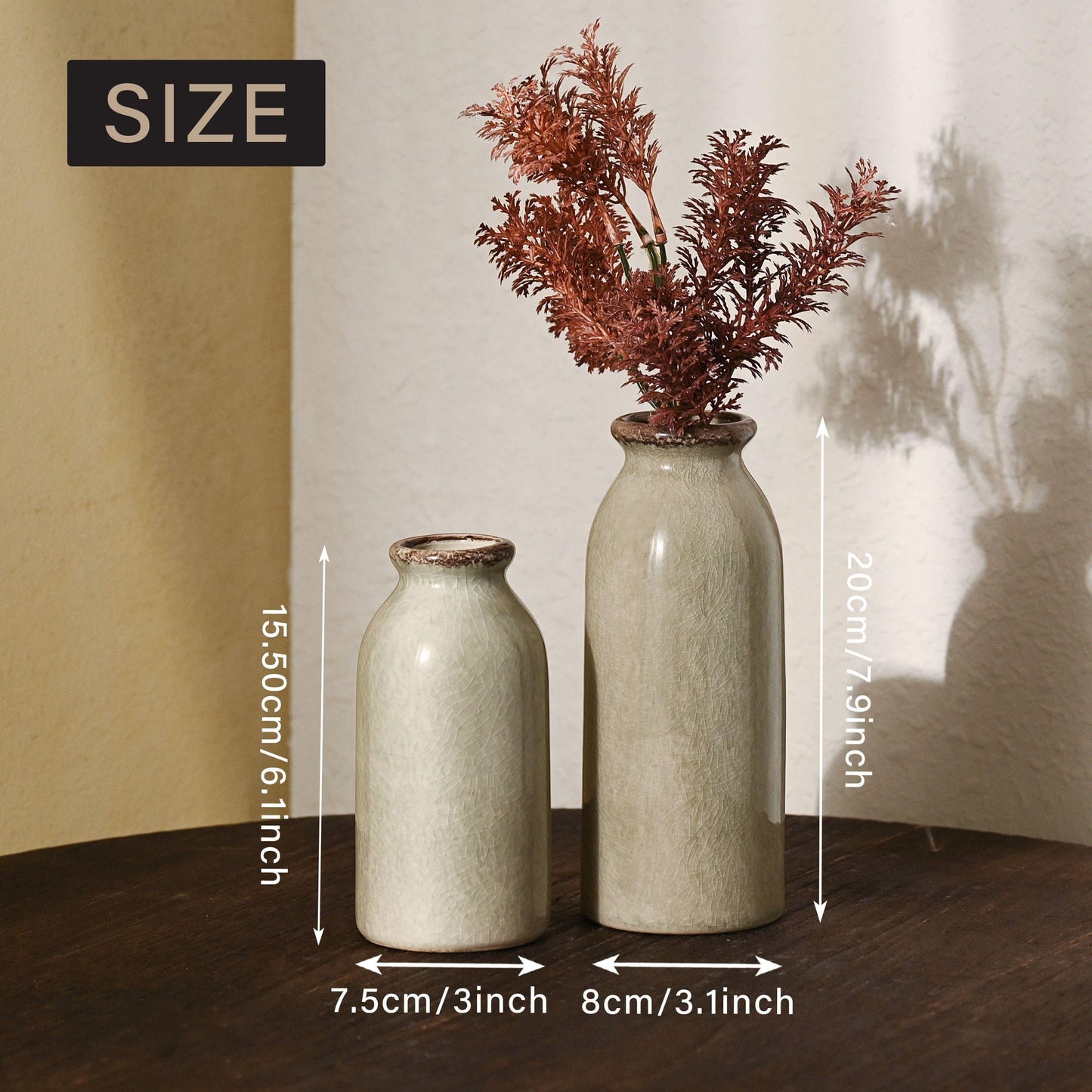 VICTOR & TERESA White Ceramic Vases Home Decor, Farmhouse Vase for Flowers, Flower Vase Set of 2, Rustic Decorative Vases for Pampas Grass, Table, Living Room, Shelf, Centerpieces, 8 inch