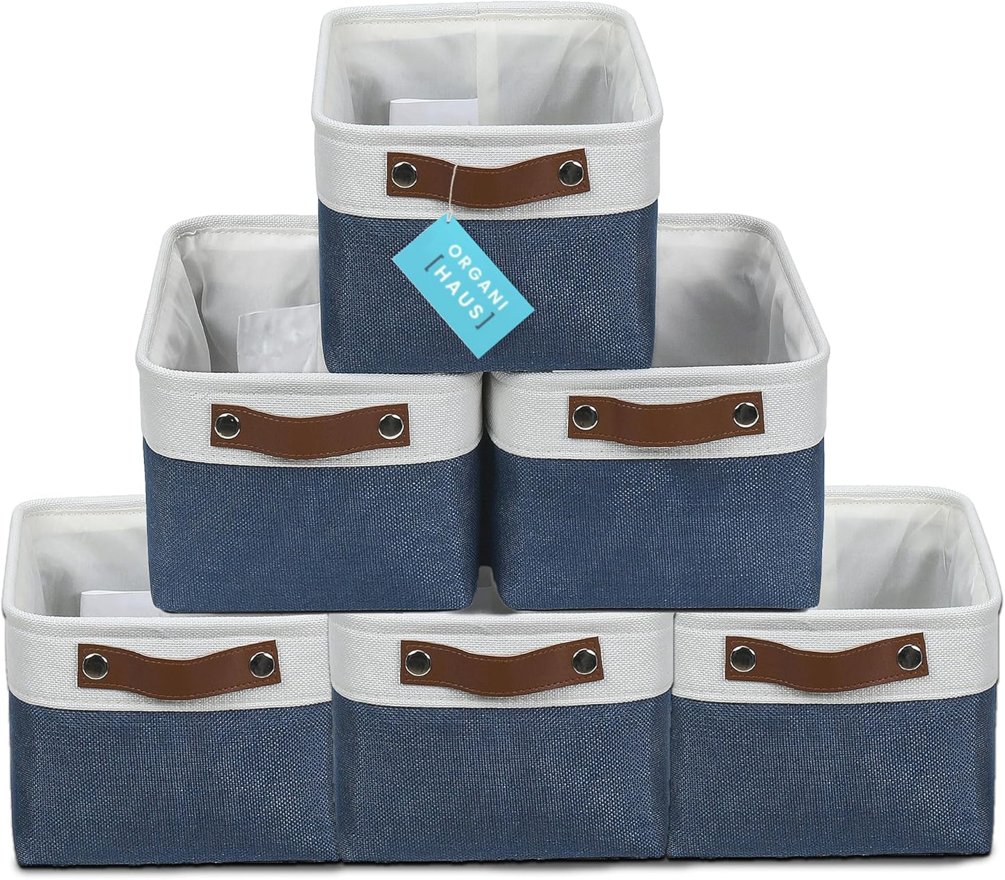 OrganiHaus Small Fabric Storage Baskets for Shelves 3 Pack, 12x8in Closet Storage Bins for Shelves, Cloth Baskets for Organizing, Linen Closet Organizers, Fabric Basket, Beige/White