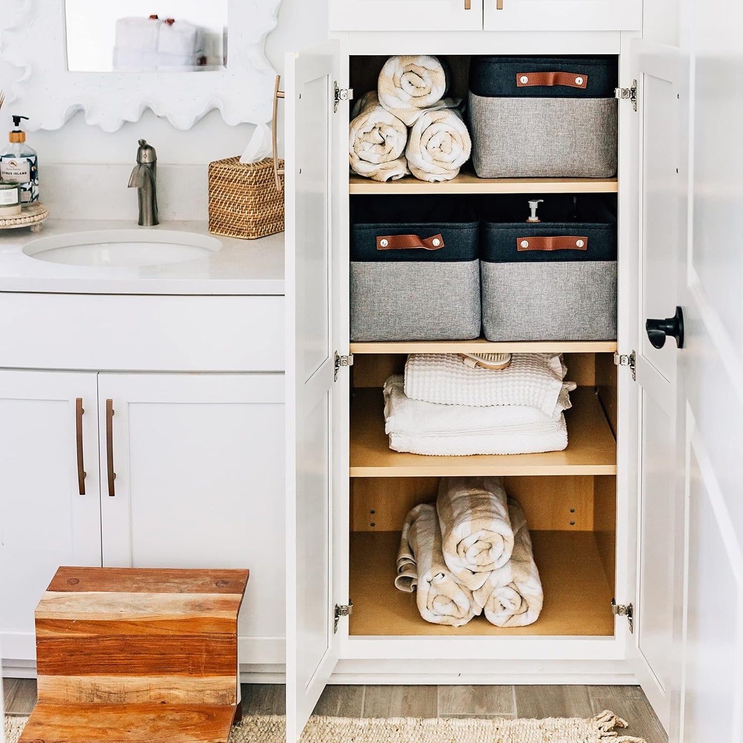 OrganiHaus Small Fabric Storage Baskets for Shelves 3 Pack, 12x8in Closet Storage Bins for Shelves, Cloth Baskets for Organizing, Linen Closet Organizers, Fabric Basket, Beige/White