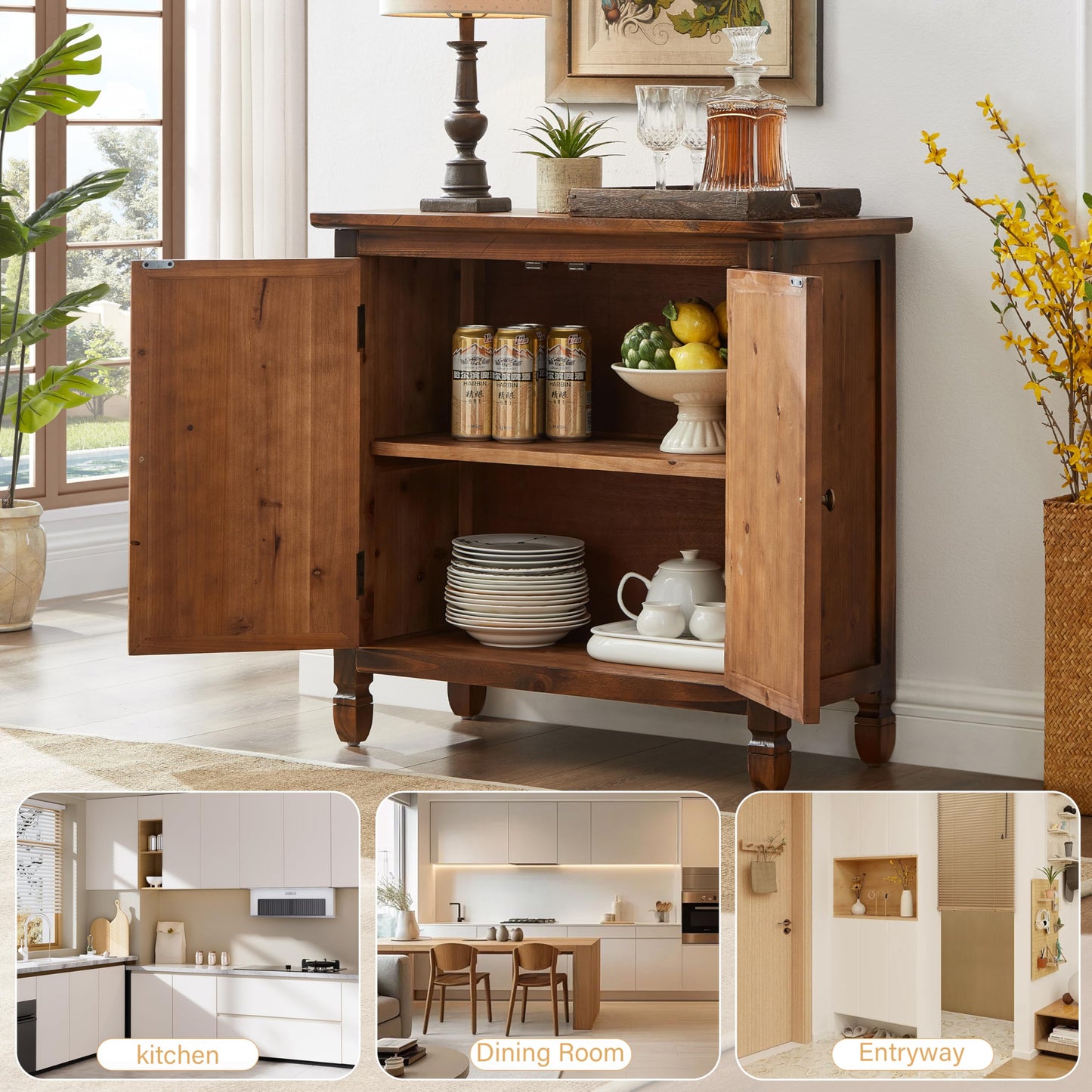 32" Retro Sideboard Buffet Cabinet with Storage - Wood Kitchen Storage Cabinet with 2 Antique Pattern Doors&Metal Handles, Mid-Century Rustic Buffet Cabinet for Entryway Hallway Living Room
