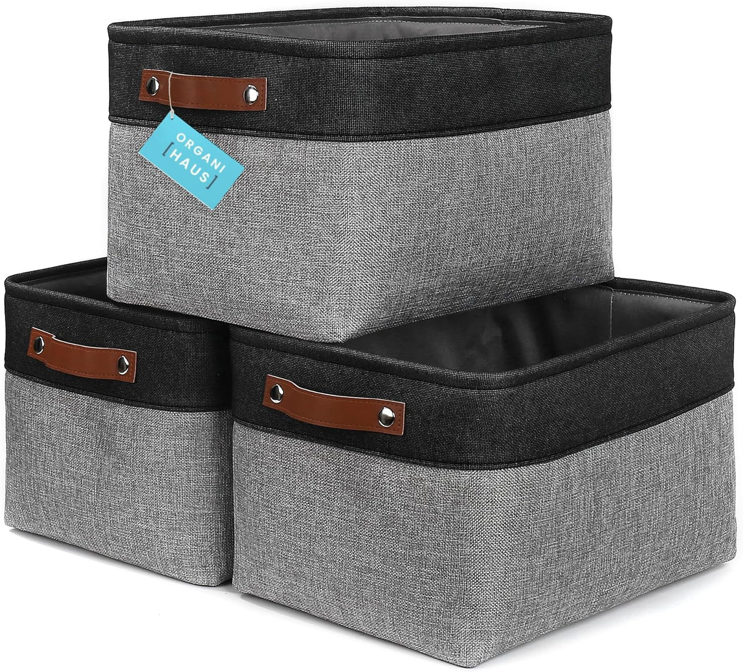 OrganiHaus Small Fabric Storage Baskets for Shelves 3 Pack, 12x8in Closet Storage Bins for Shelves, Cloth Baskets for Organizing, Linen Closet Organizers, Fabric Basket, Beige/White