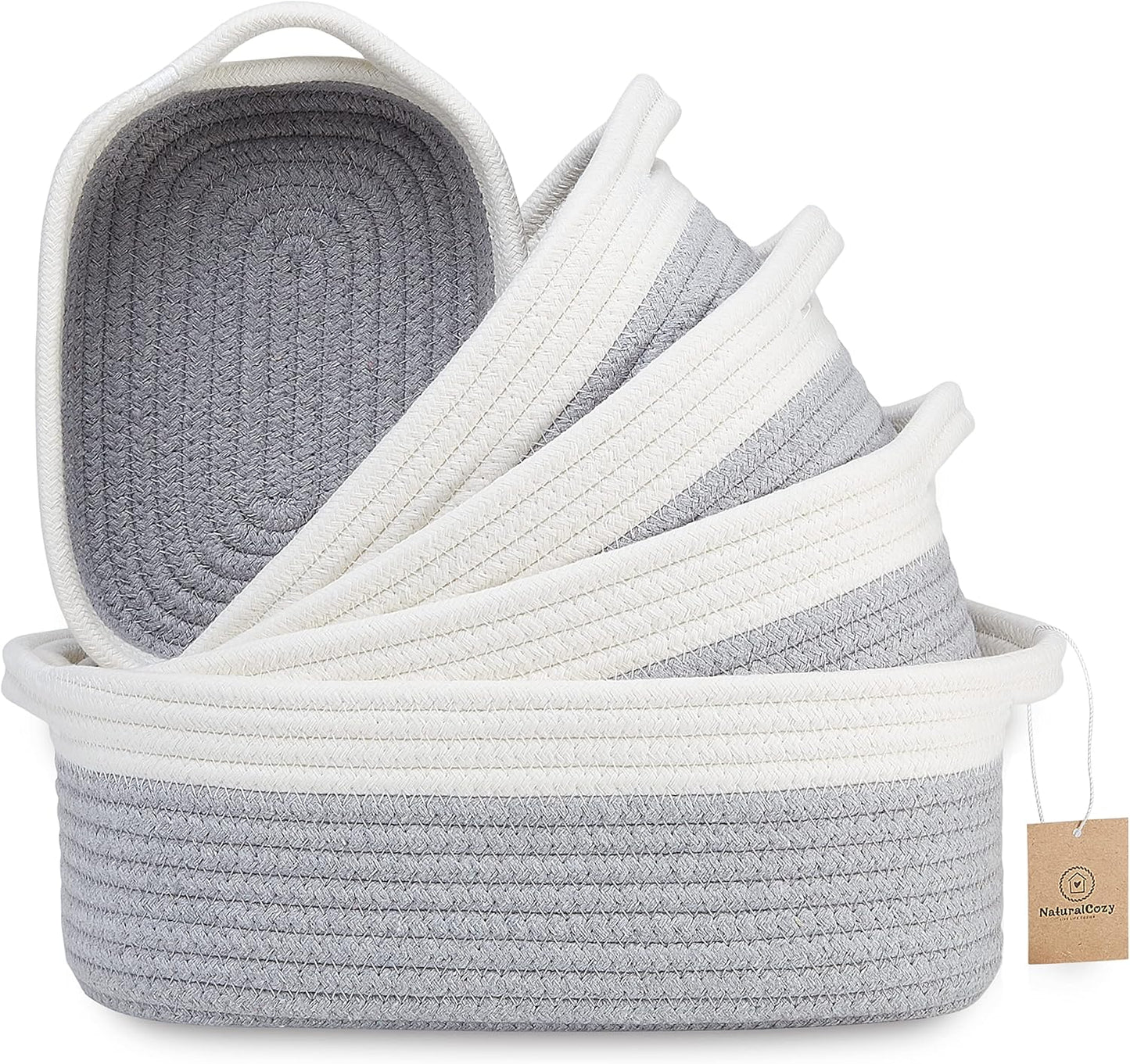 NaturalCozy 5-Piece Rectangle Storage Basket Set- Natural Cotton Rope Woven for Organizing! Small Basket for Montessori, Baby Nursery, Dog Toy Baskets, Cat Toy Box, Bathroom Organization Bin