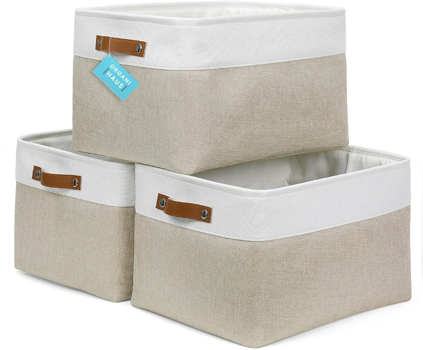 OrganiHaus Small Fabric Storage Baskets for Shelves 3 Pack, 12x8in Closet Storage Bins for Shelves, Cloth Baskets for Organizing, Linen Closet Organizers, Fabric Basket, Beige/White