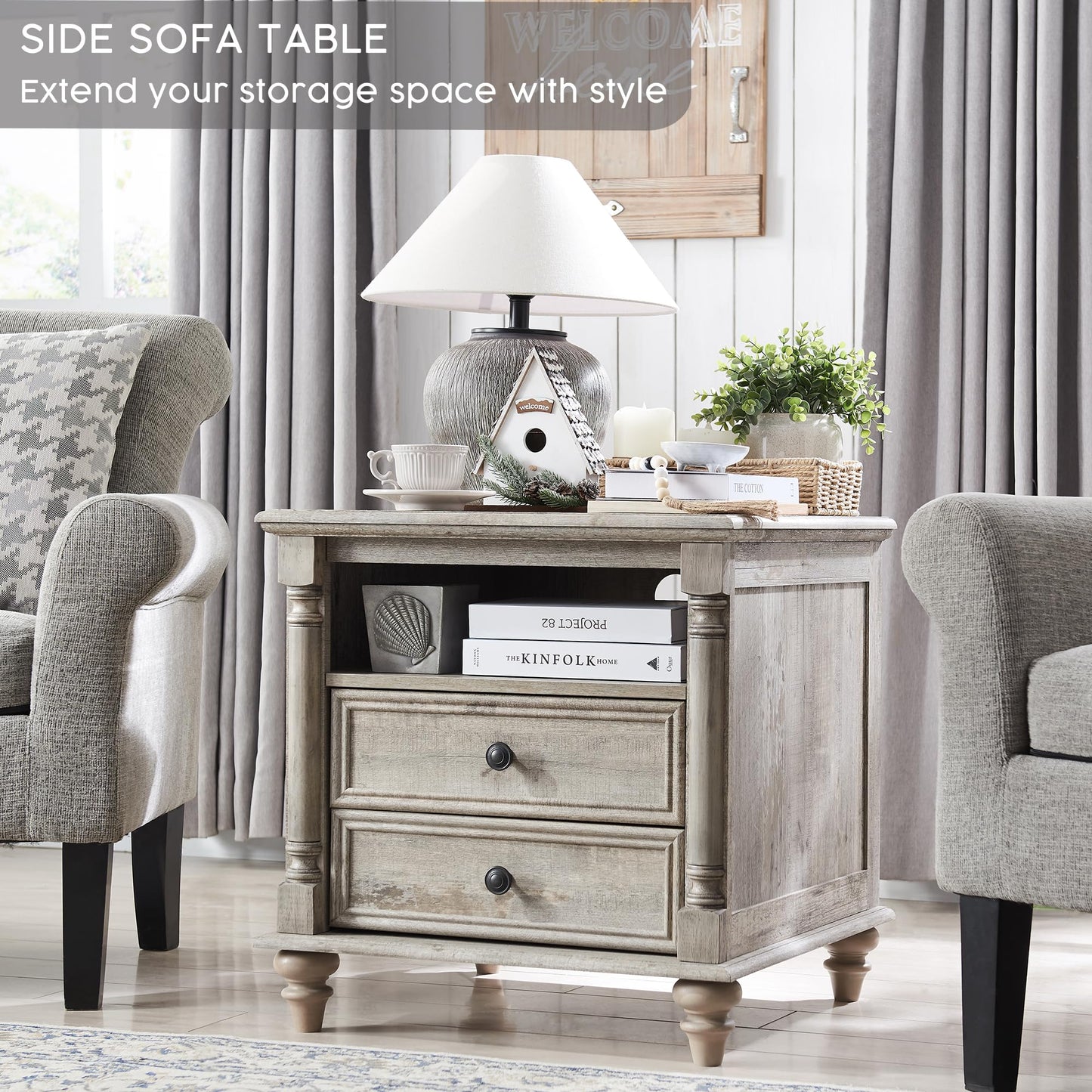 T4TREAM 24'' Farmhouse End Table w/4 Solid Wood Feet, Large 2 Drawers Wide Sofa Side Table with Charging Station, Tall Rustic Wood Square Nightstand for Living Room, Bedroom, Office, Antique White