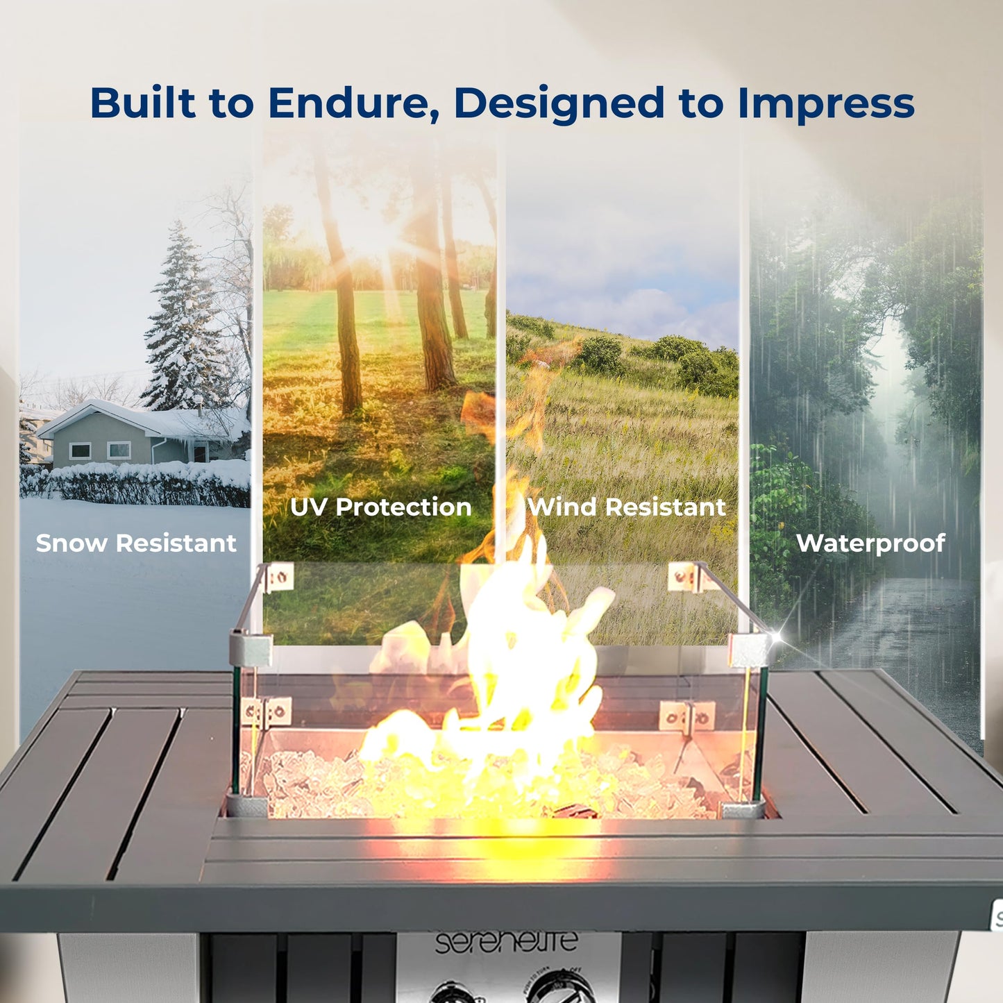 SereneLife Outdoor Propane Gas Fire Pit Table – 50,000 BTU Auto-Ignition Firepit with Glass Wind Guard, Black Tempered Glass Top & Clear Glass Rocks for Garden, Patio, or Backyard