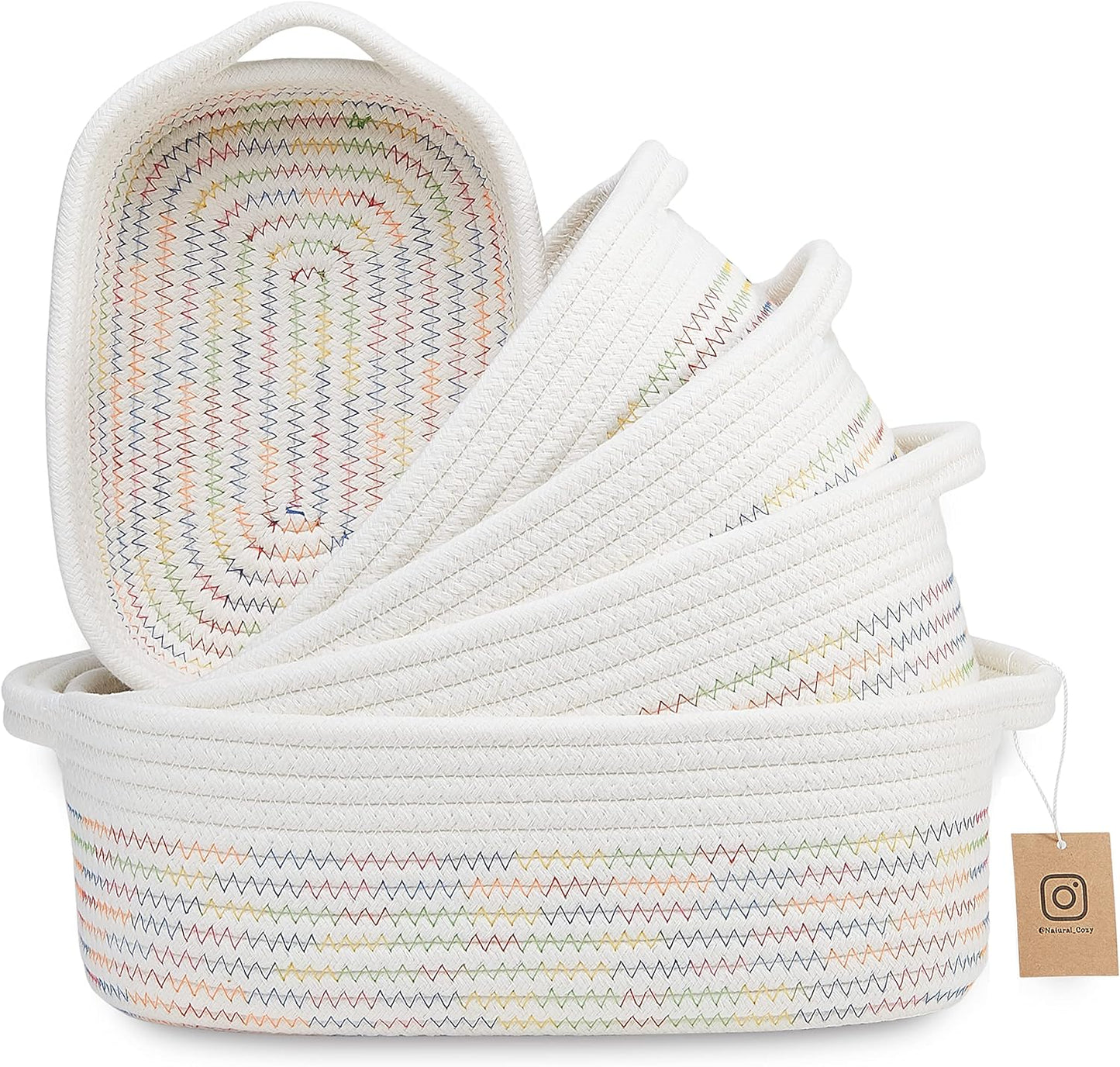 NaturalCozy 5-Piece Rectangle Storage Basket Set- Natural Cotton Rope Woven for Organizing! Small Basket for Montessori, Baby Nursery, Dog Toy Baskets, Cat Toy Box, Bathroom Organization Bin